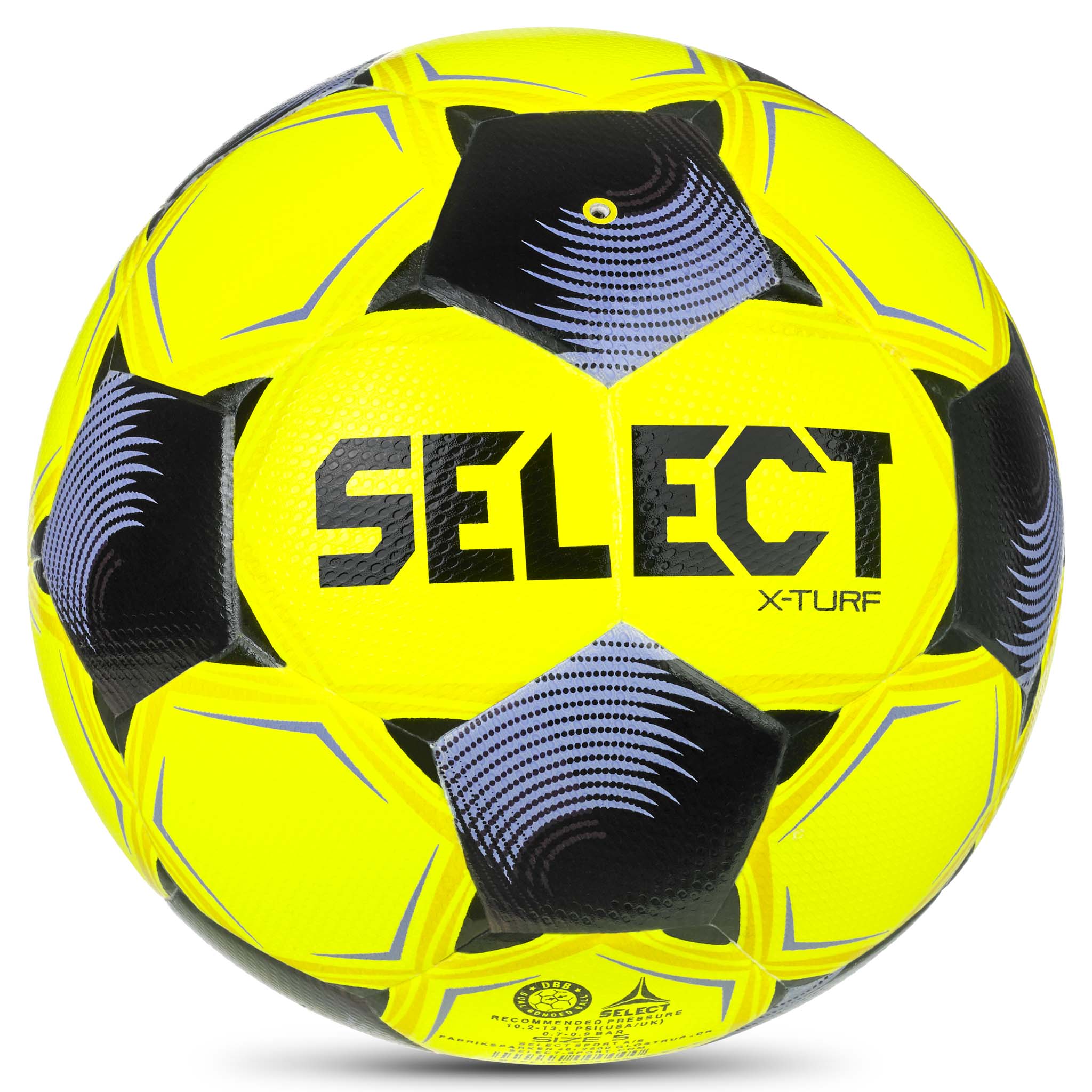 X-Turf v26 fotball, bakside, i gult med sorte og lilla stjernepaneler og Select-logo.