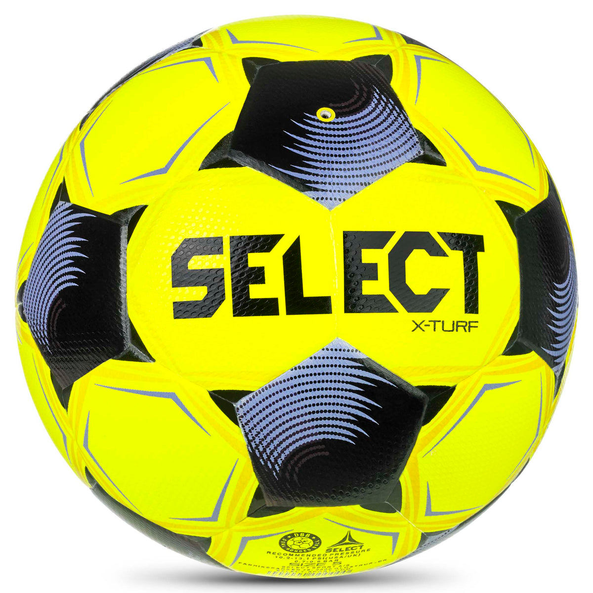 X-Turf v26 fotball, bakside, i gult med sorte og lilla stjernepaneler og Select-logo.