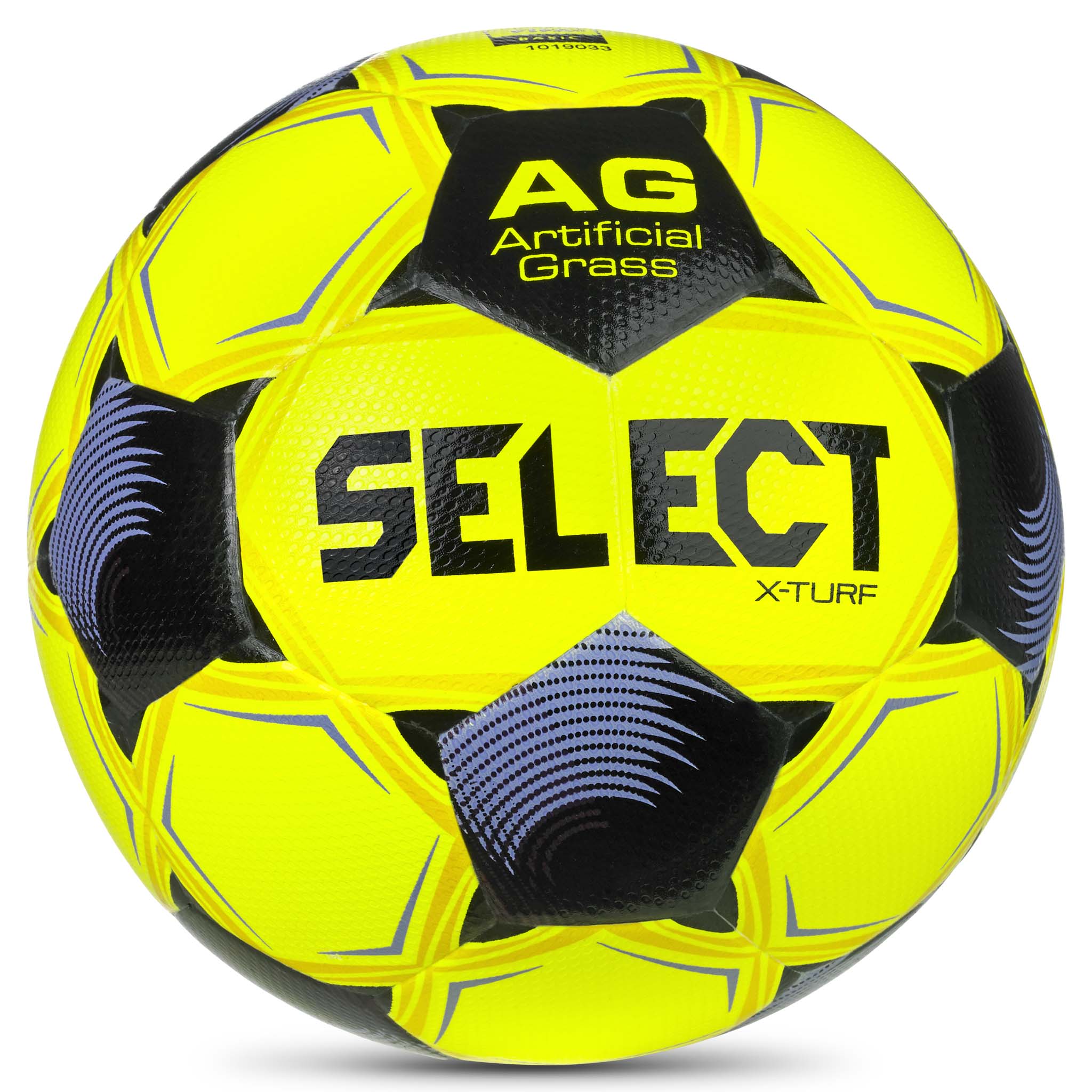 Forside av gul og lilla X-Turf v26 fotball for kunstgress