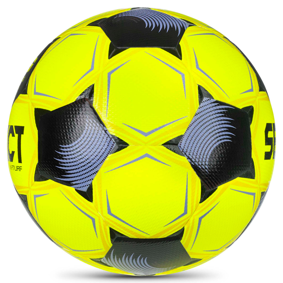 X-Turf v26 gul fotball med svarte og lilla paneldetaljer, sett fra høyre side