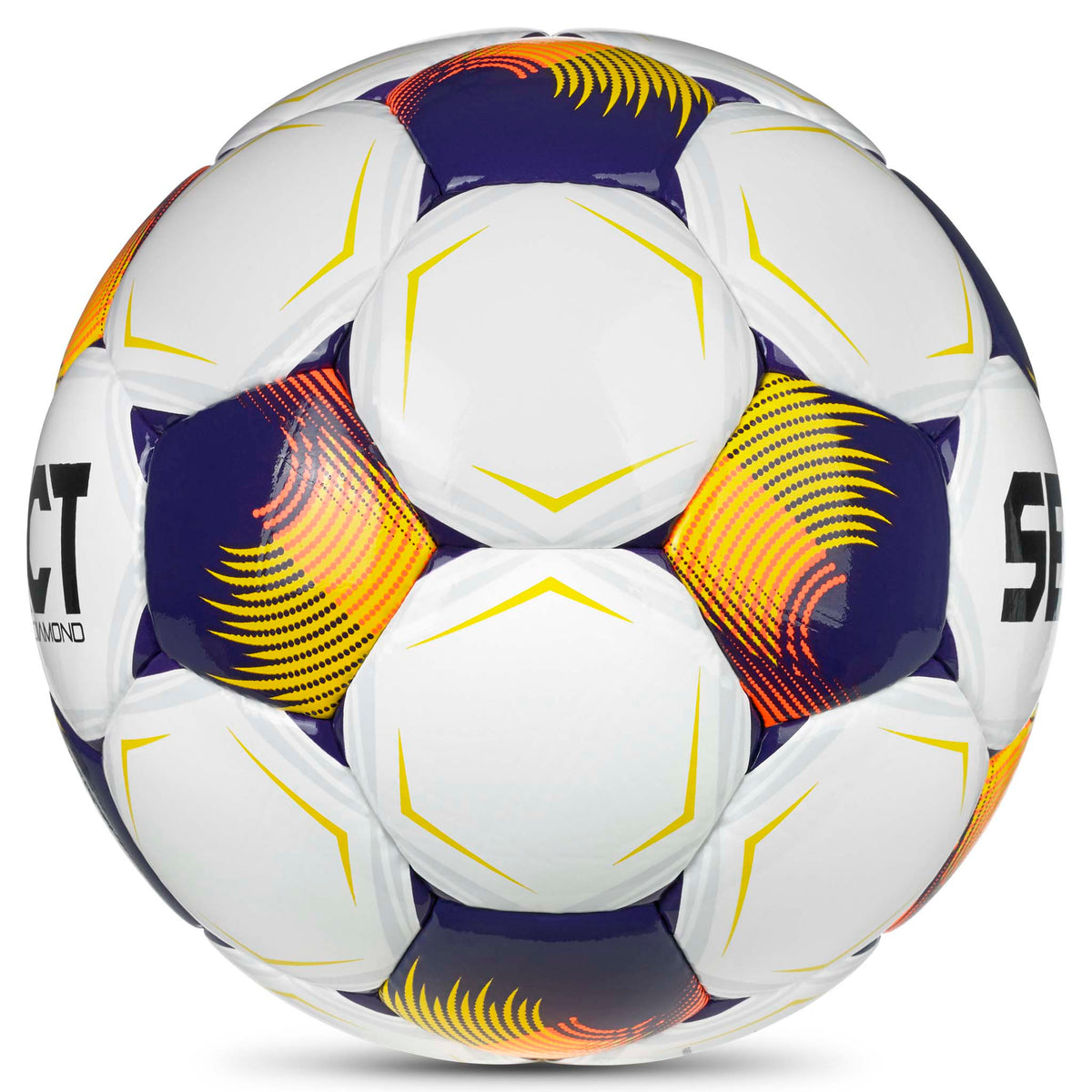 Diamond v26 fotball i hvitt med blå, oransje og gule detaljer, sett fra høyre side.
