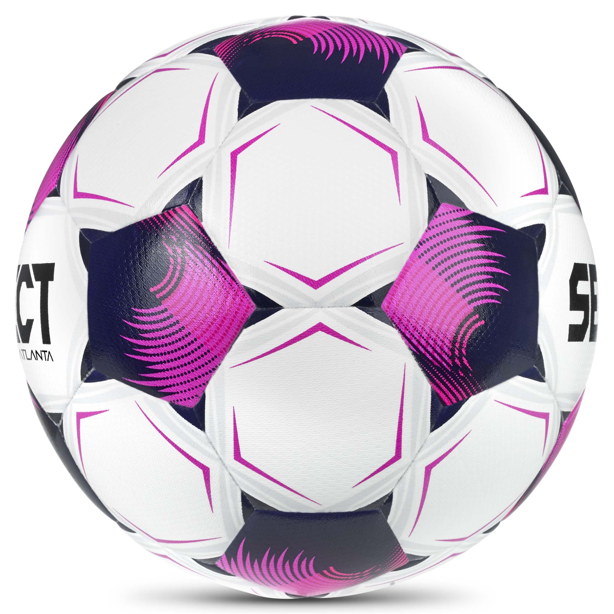 Atlanta v26 fodbold i hvid med pink og marineblå paneler, set fra højre side