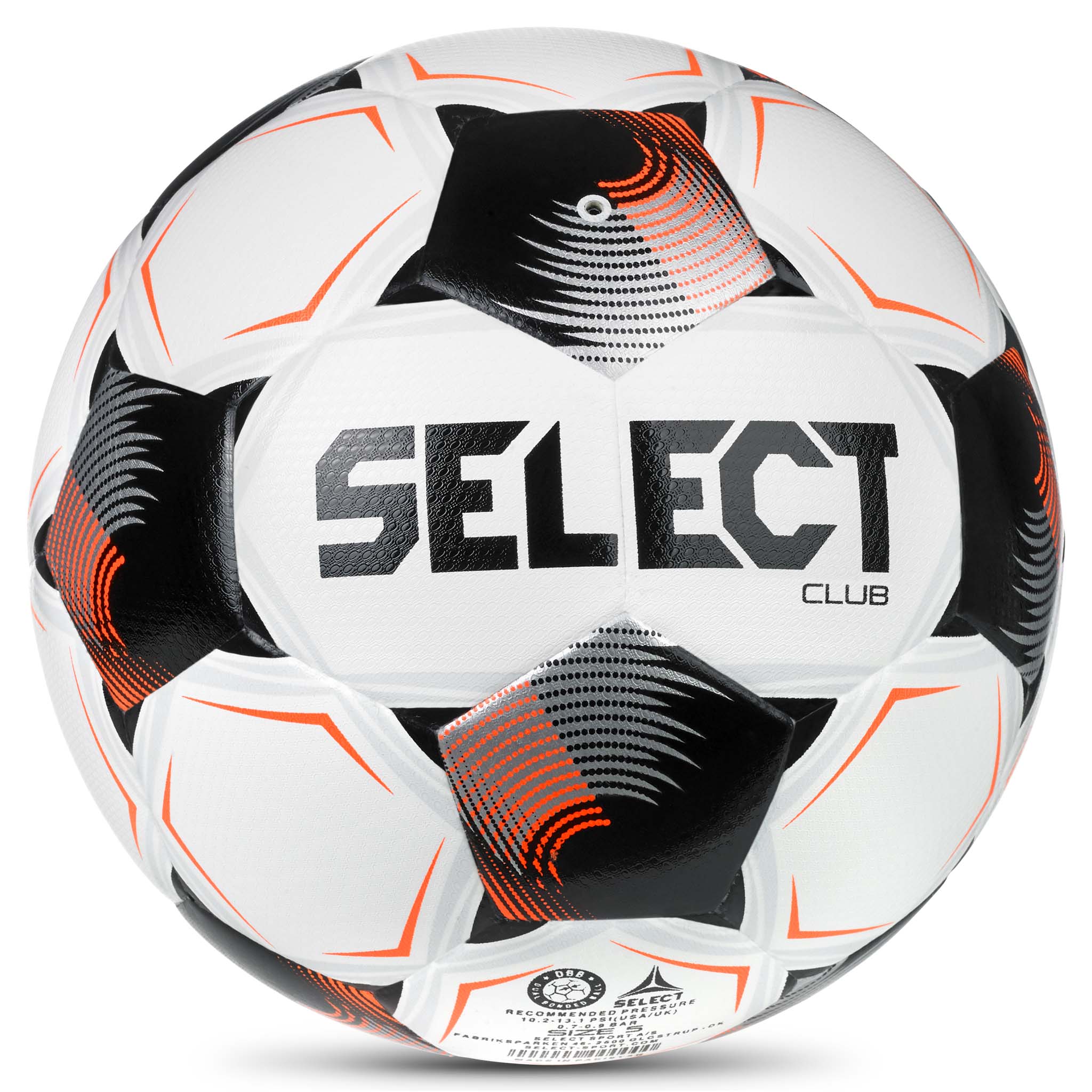 Club v26 fotball bakside, hvit med sorte og oransje paneler og Select-logo.