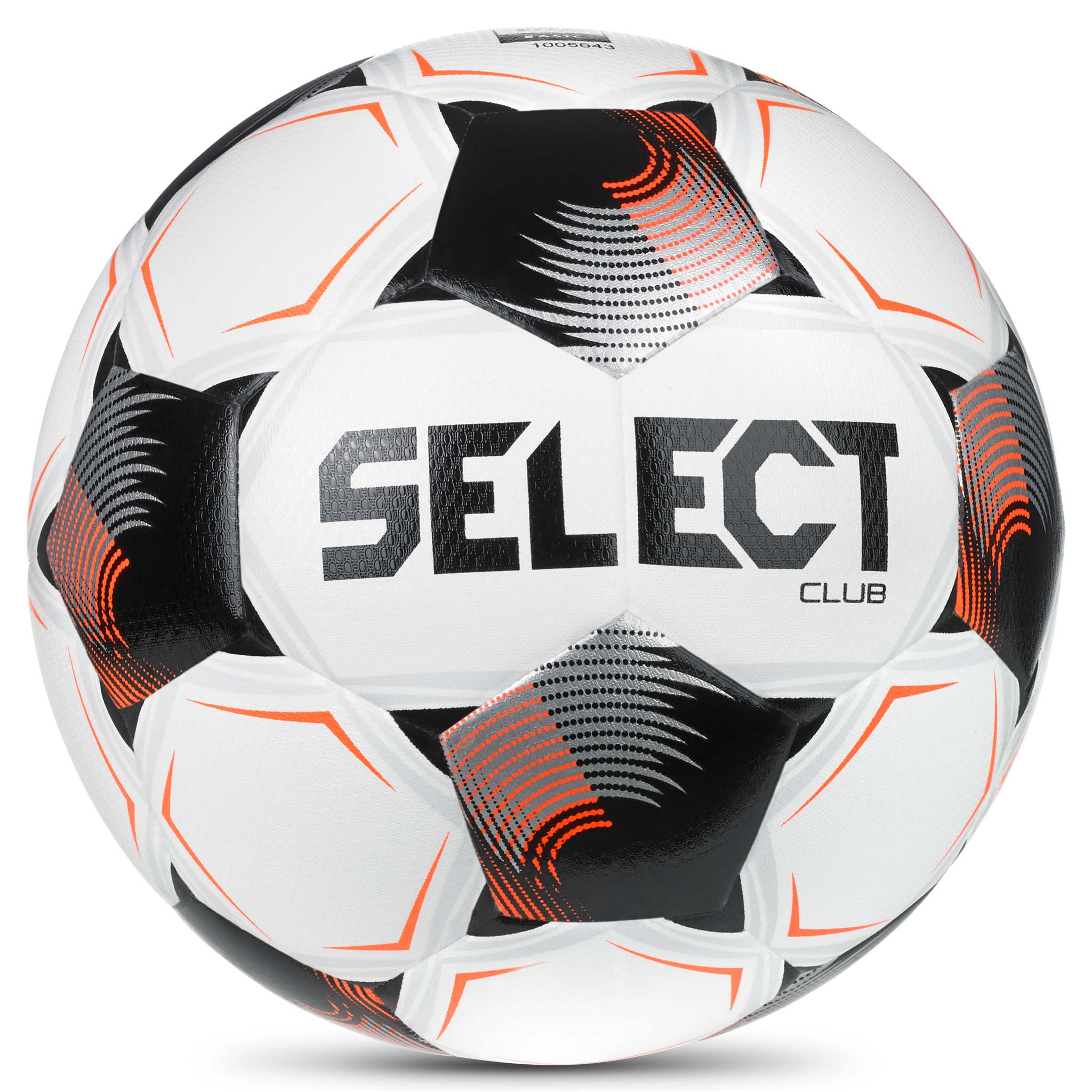 Club v26 fotball, forside. Hvit ball med svarte og oransje paneler og Select-logo.