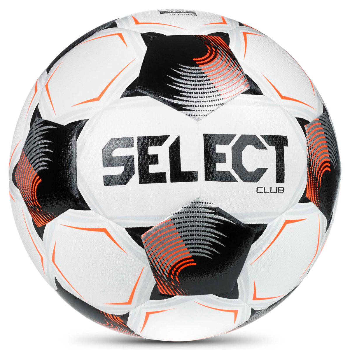 Club v26 fotball, forside. Hvit ball med svarte og oransje paneler og Select-logo.