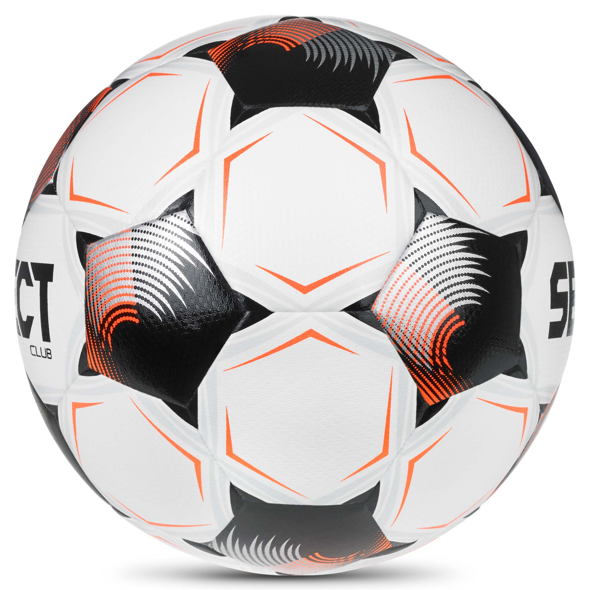 Club v26 fotball i hvit med svarte og oransje paneldetaljer, sett fra høyre side.