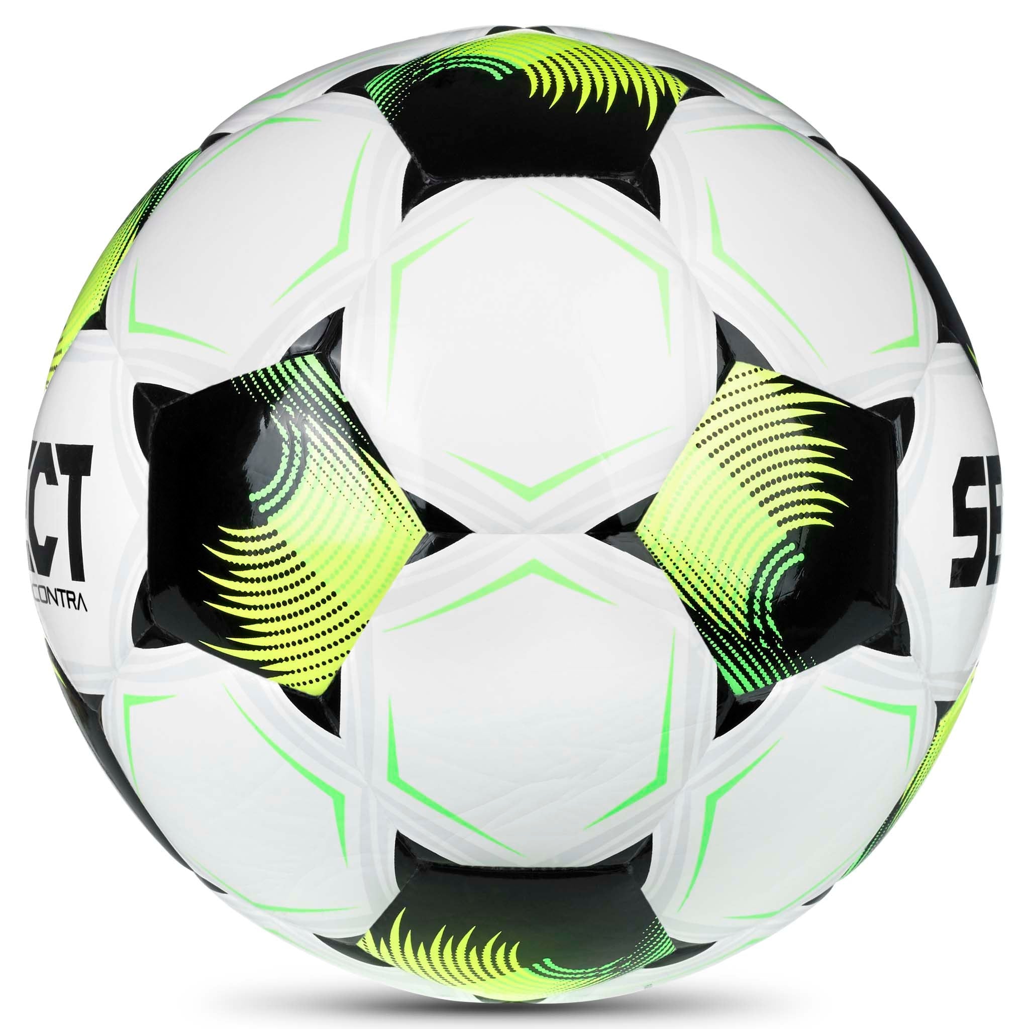 Contra v26 fotball i hvit, sort, grønn og gul, sett fra høyre side