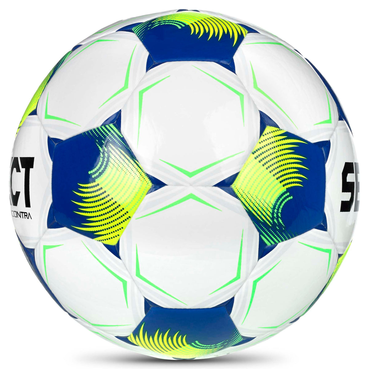 Contra v26 fotball, hvit med blå, grønne og gule detaljer, sett fra høyre side.