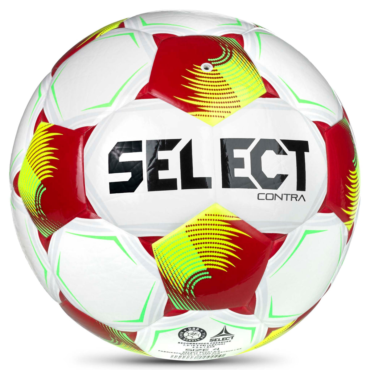 Contra v26 fotball, bakside. Hvit ball med røde, gule og grønne paneler.