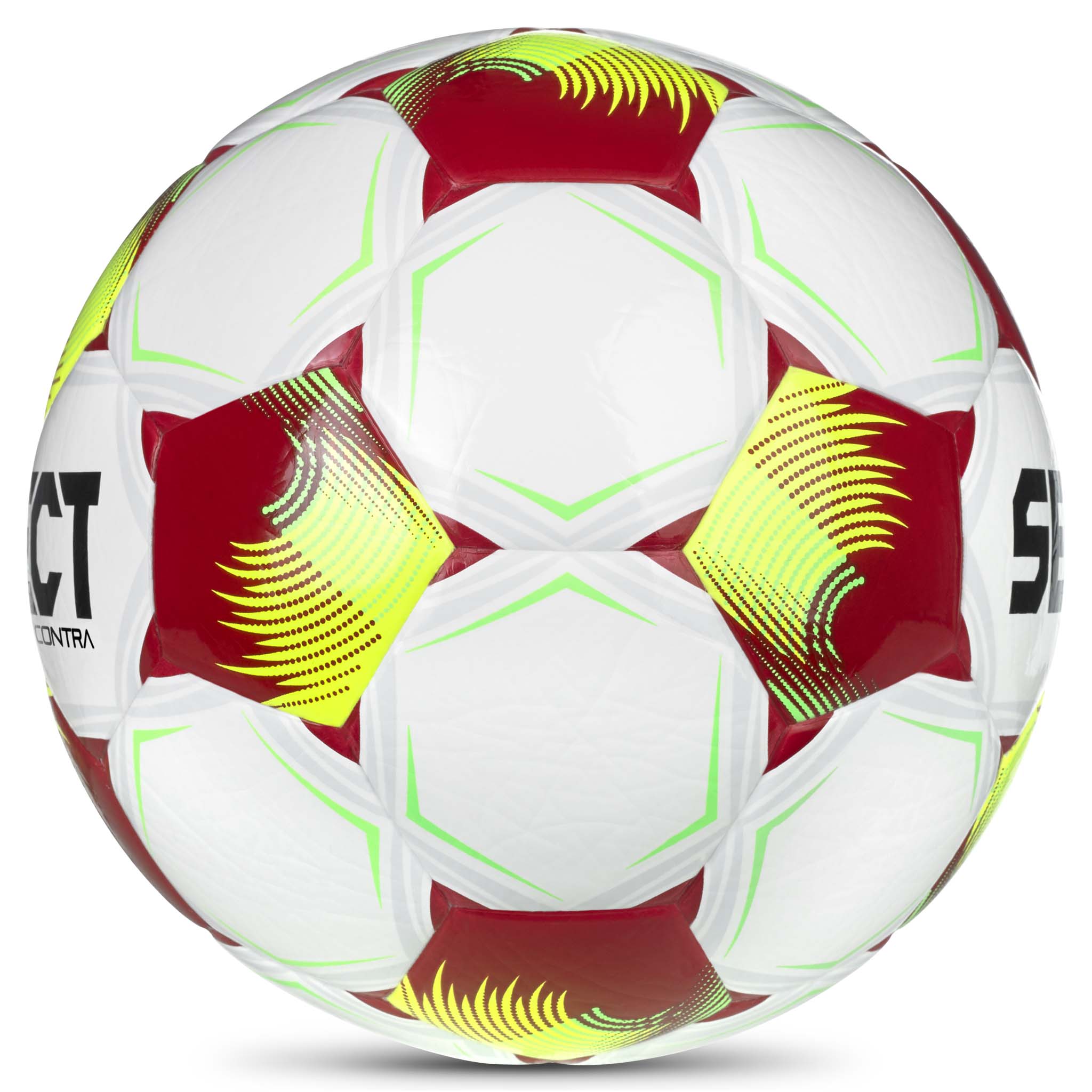 Contra v26 fotball, høyre side. Hvit ball med røde, gule og grønne detaljer.