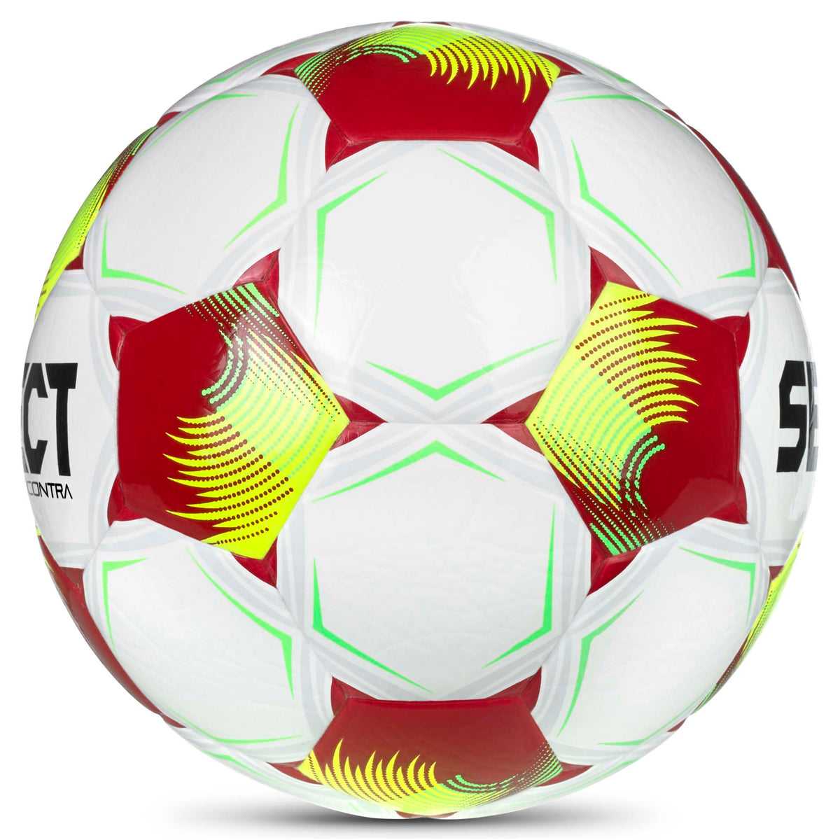 Contra v26 fotball, høyre side. Hvit ball med røde, gule og grønne detaljer.