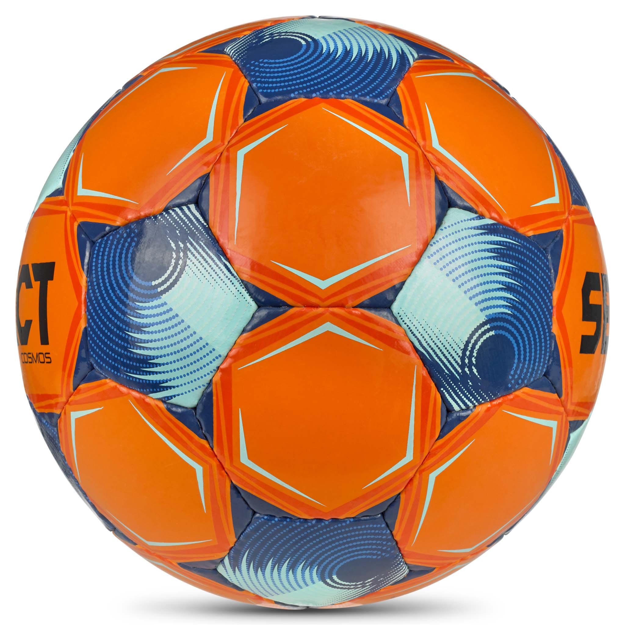 Cosmos v26 fotball i oransje med blå og turkise paneler, sett fra høyre side.