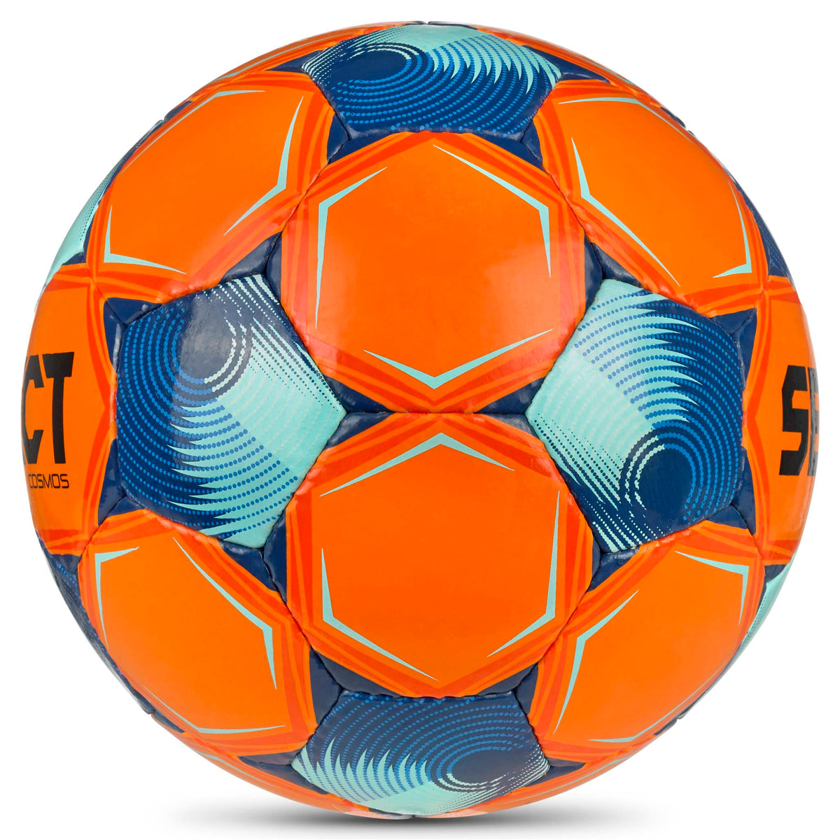 Cosmos v26 fotball i oransje med blå og turkise paneler, sett fra høyre side.