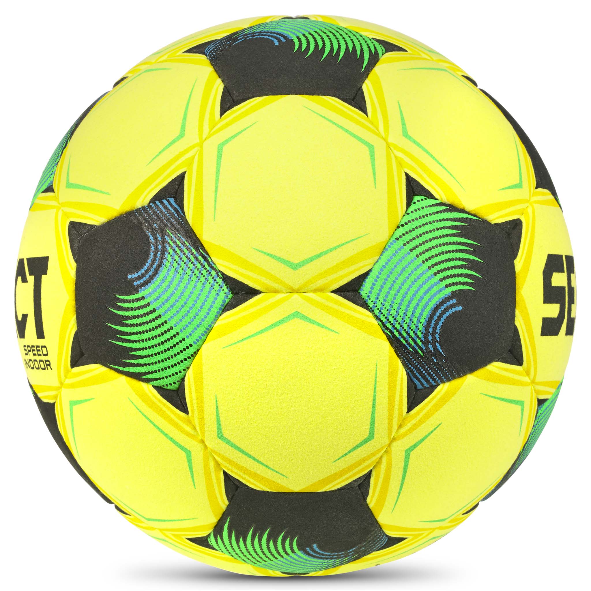 Speed Indoor v26 fotball, gul med svarte, grønne og blå detaljer, sett fra høyre side