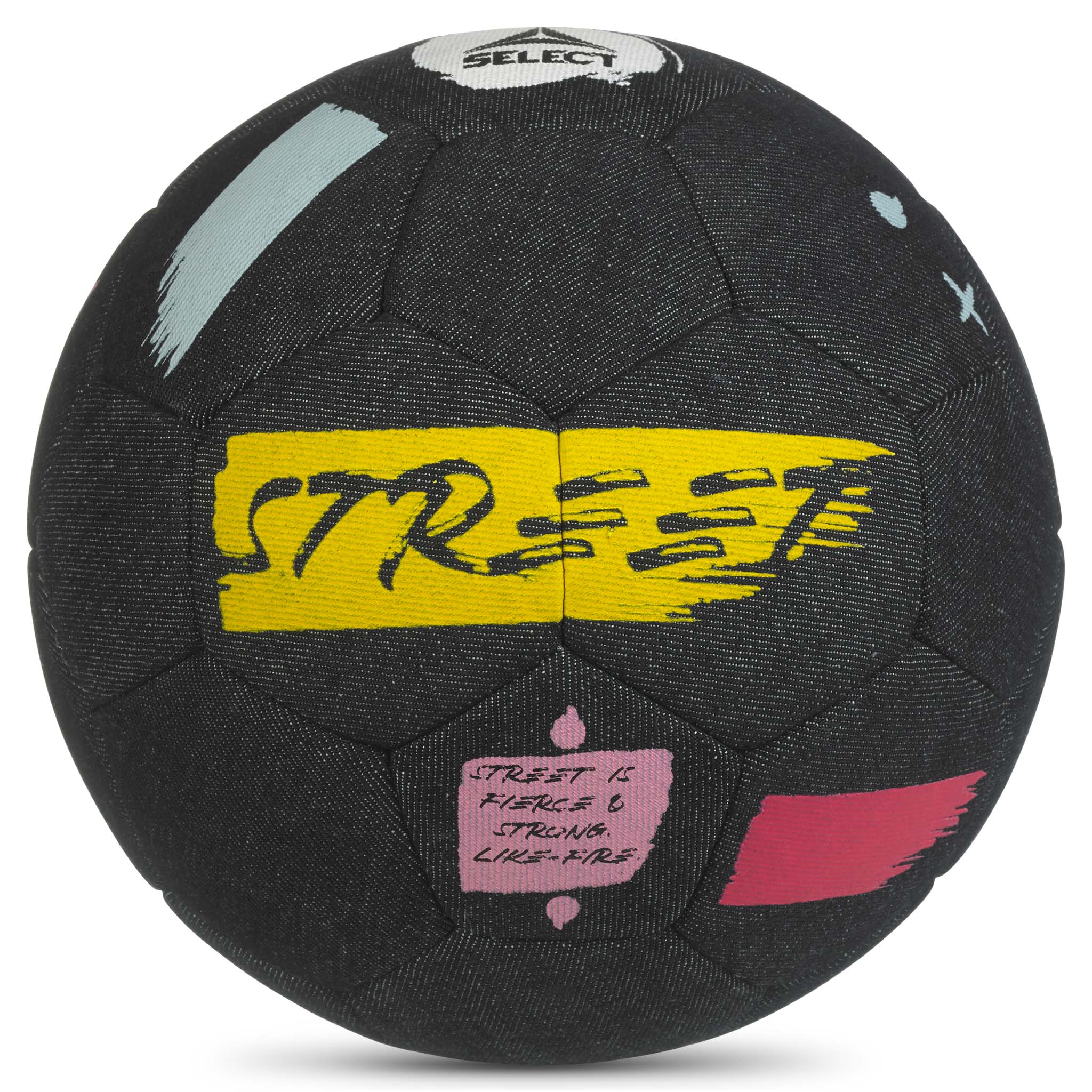 Forside af Street v26 fodbold i sort med gule, blå, pink og hvide graffiti-agtige detaljer.