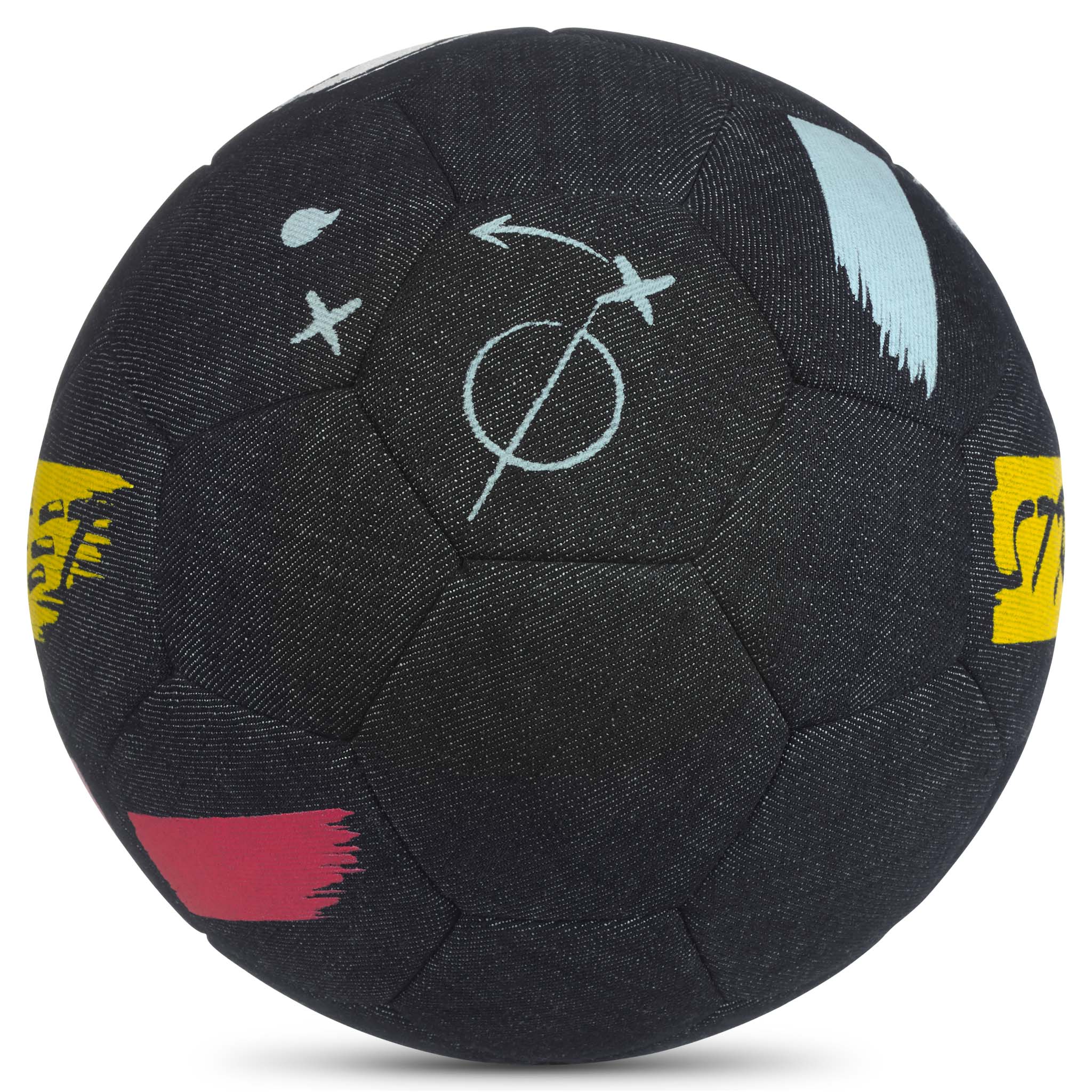 Street v26 marineblå fodbold, set fra højre side, med blå, gule og røde detaljer