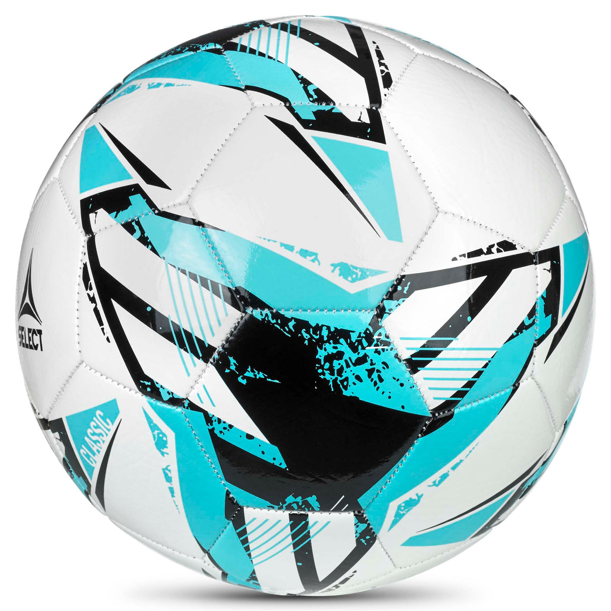 Classic v26 fodbold i hvid, bl en og sort, set fra h jre side.