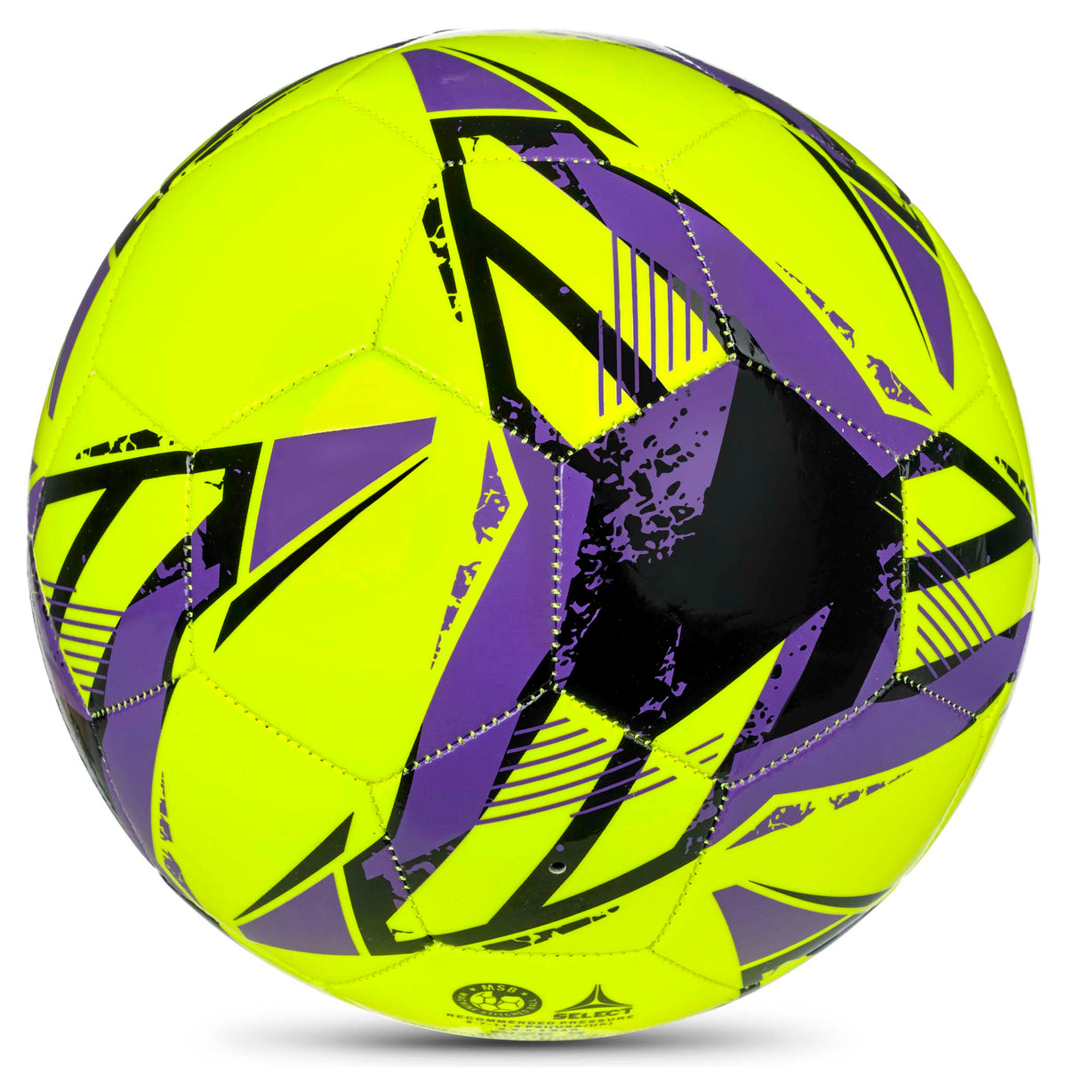 Classic v26 fodbold, bagside, gul med lilla og sort stjerne- og stribedesign.