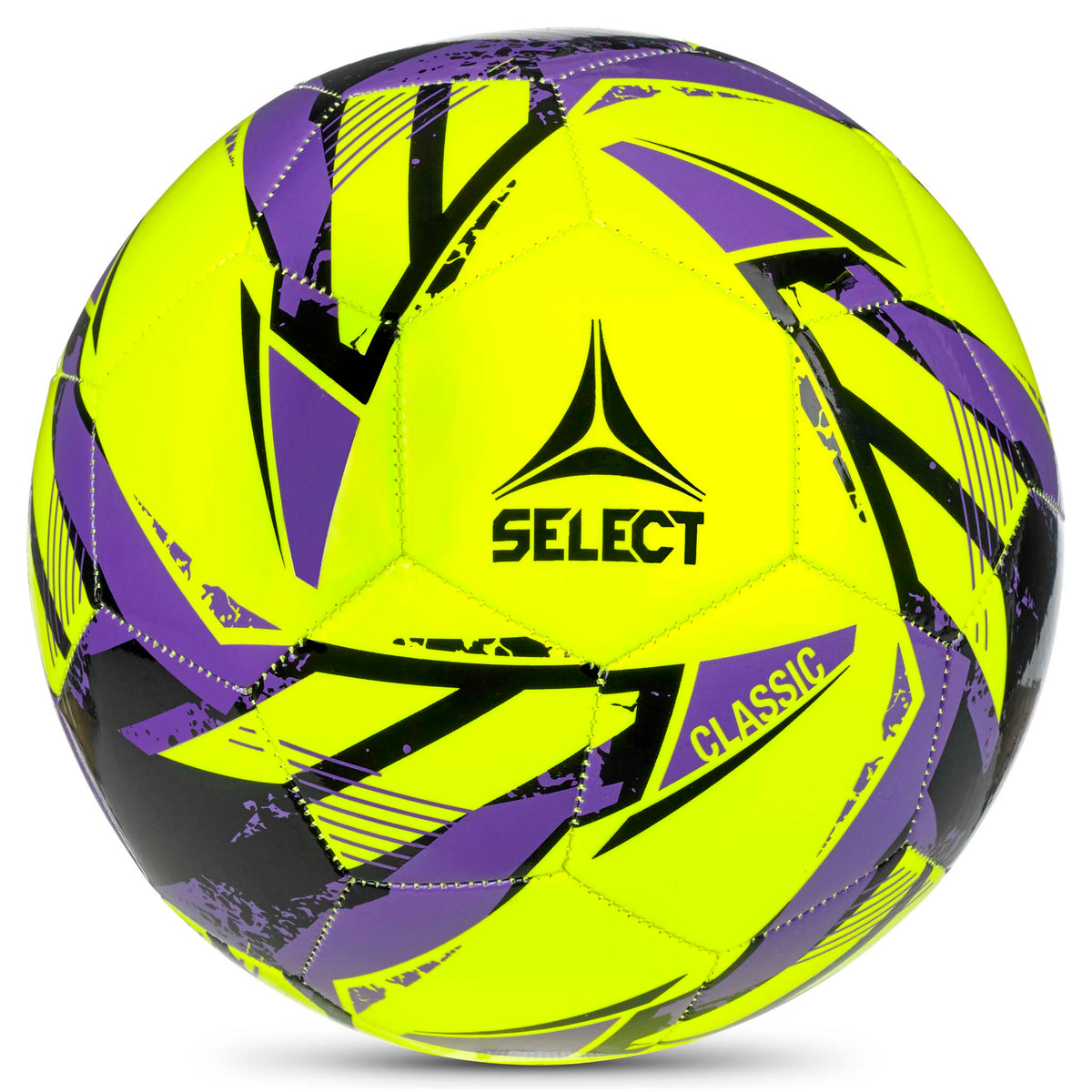 Classic v26 fodbold, forside. Gul bold med lilla og sort design og Select-logo.