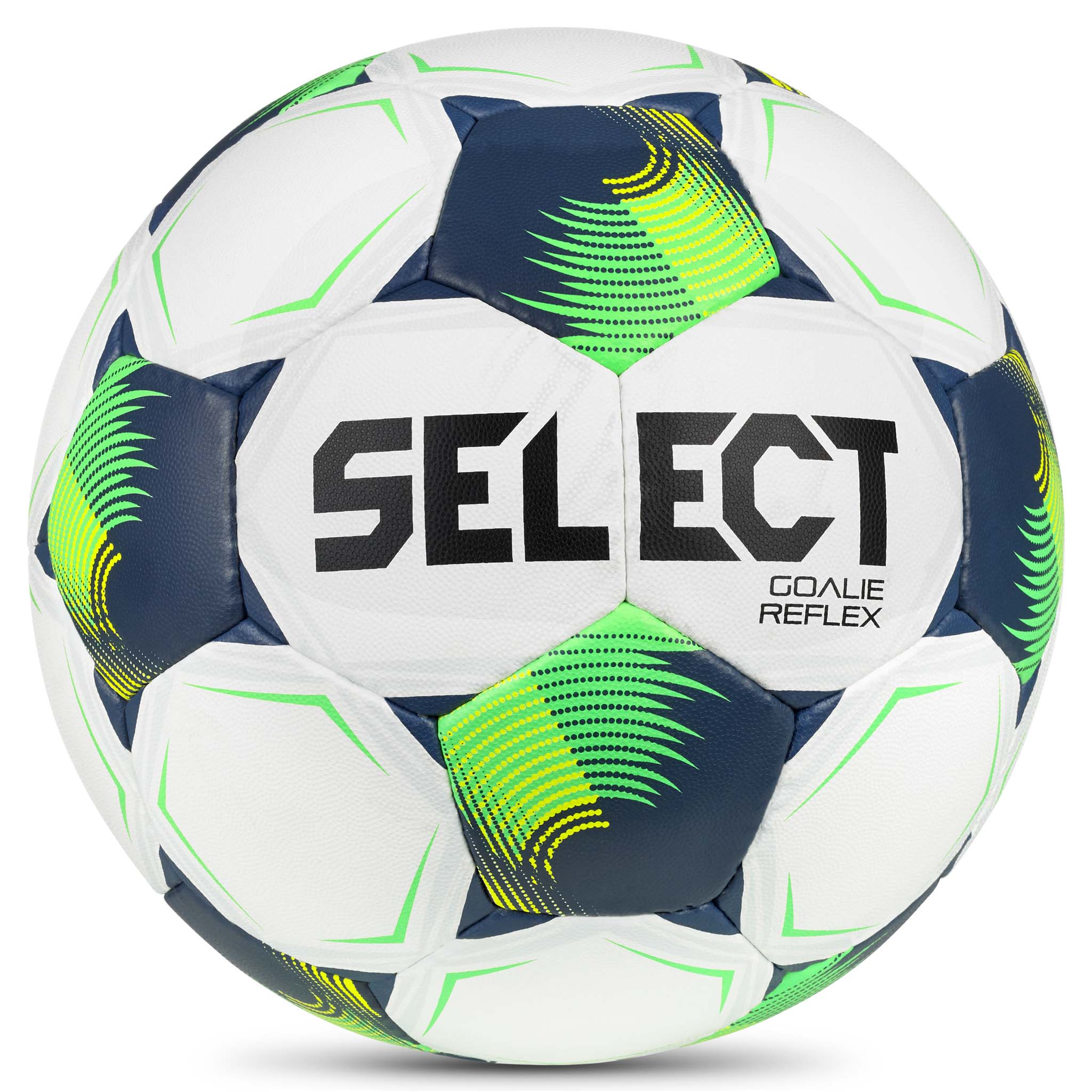 Goalie Reflex v26 fotball, forside. Hvit ball med grønne, marineblå og gule paneler og svart logo.