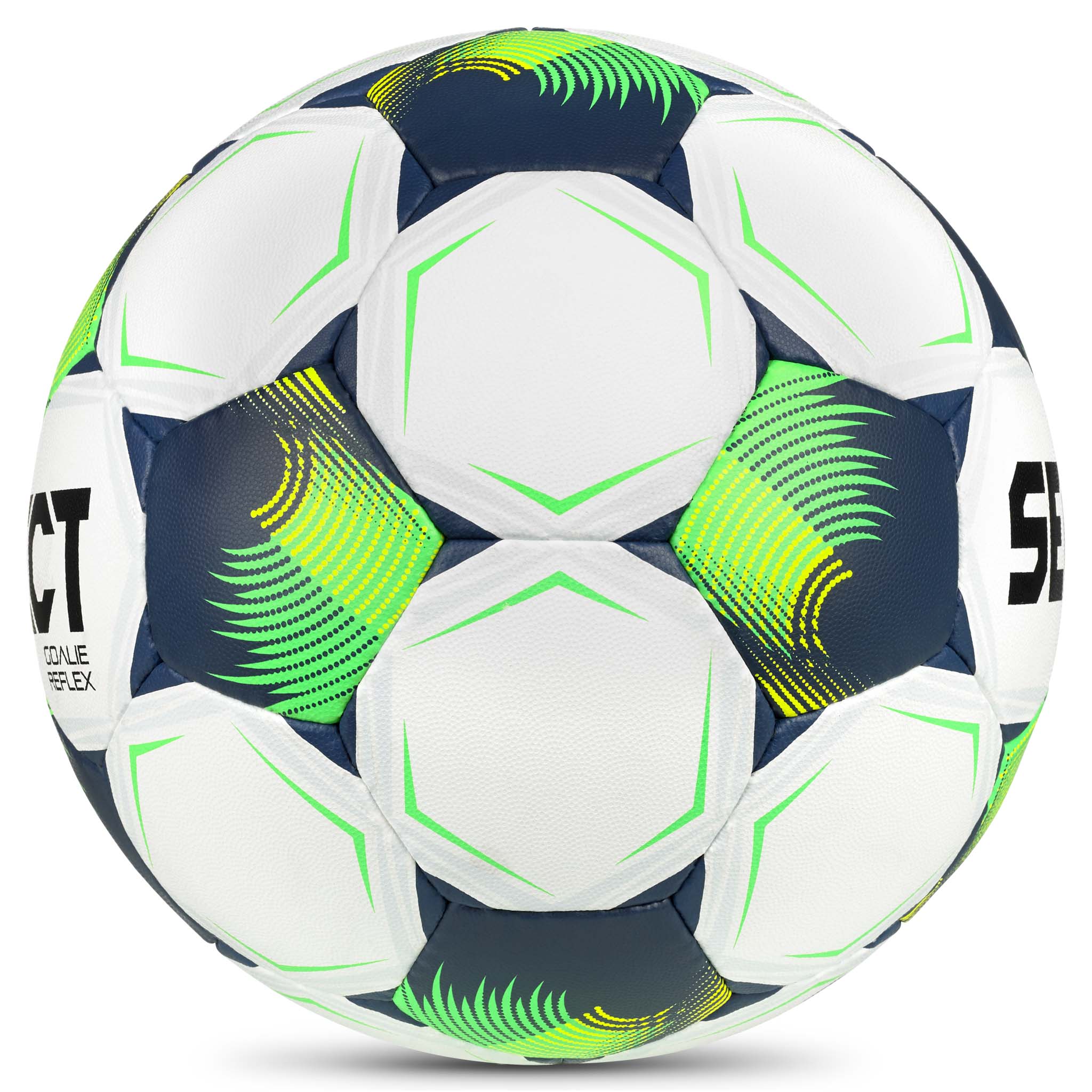 Goalie Reflex v26 fotball i hvitt, grønt og blått, sett fra høyre side
