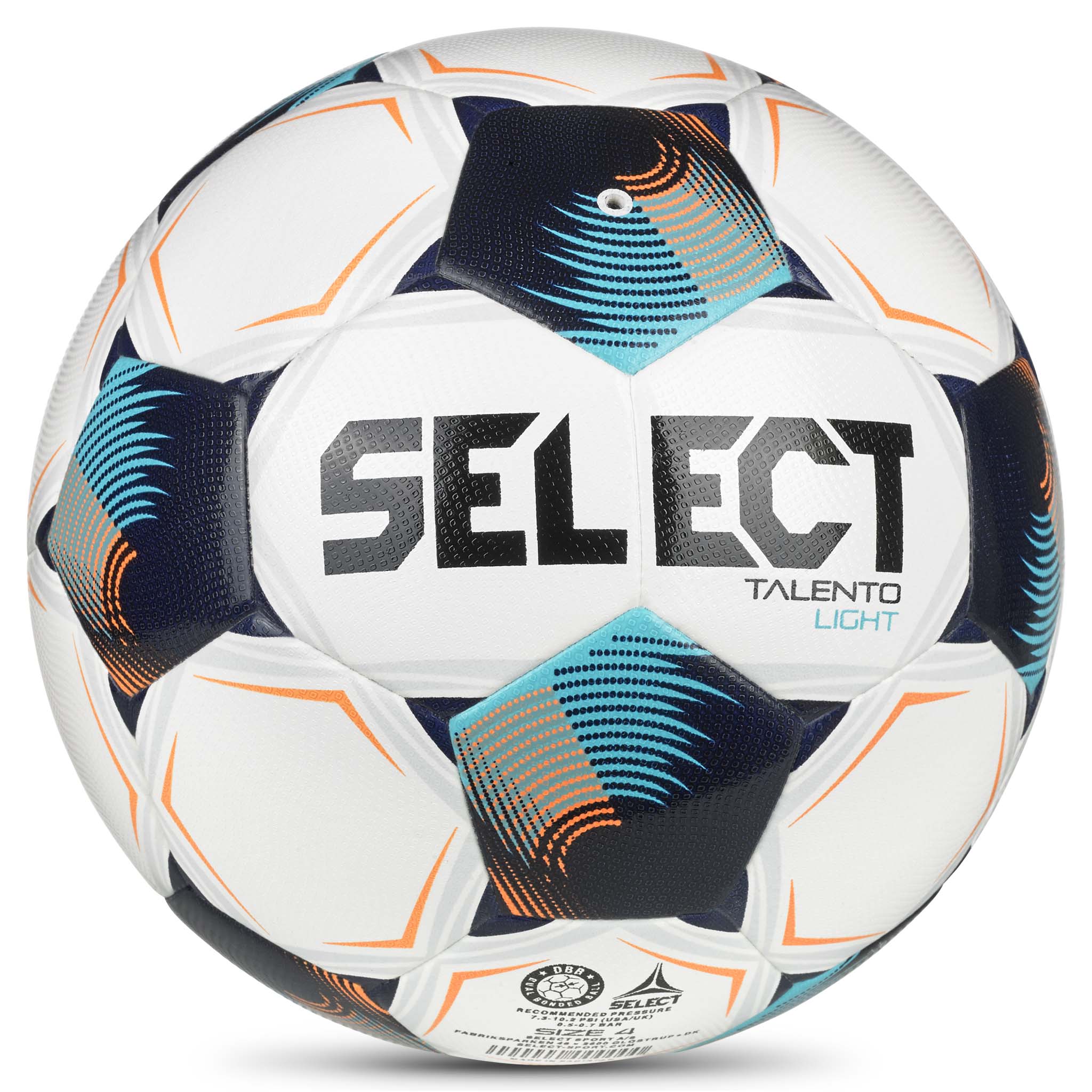 Talento Light v26 fotball, bakside. Hvit ball med blå, marineblå, oransje og turkise paneler.