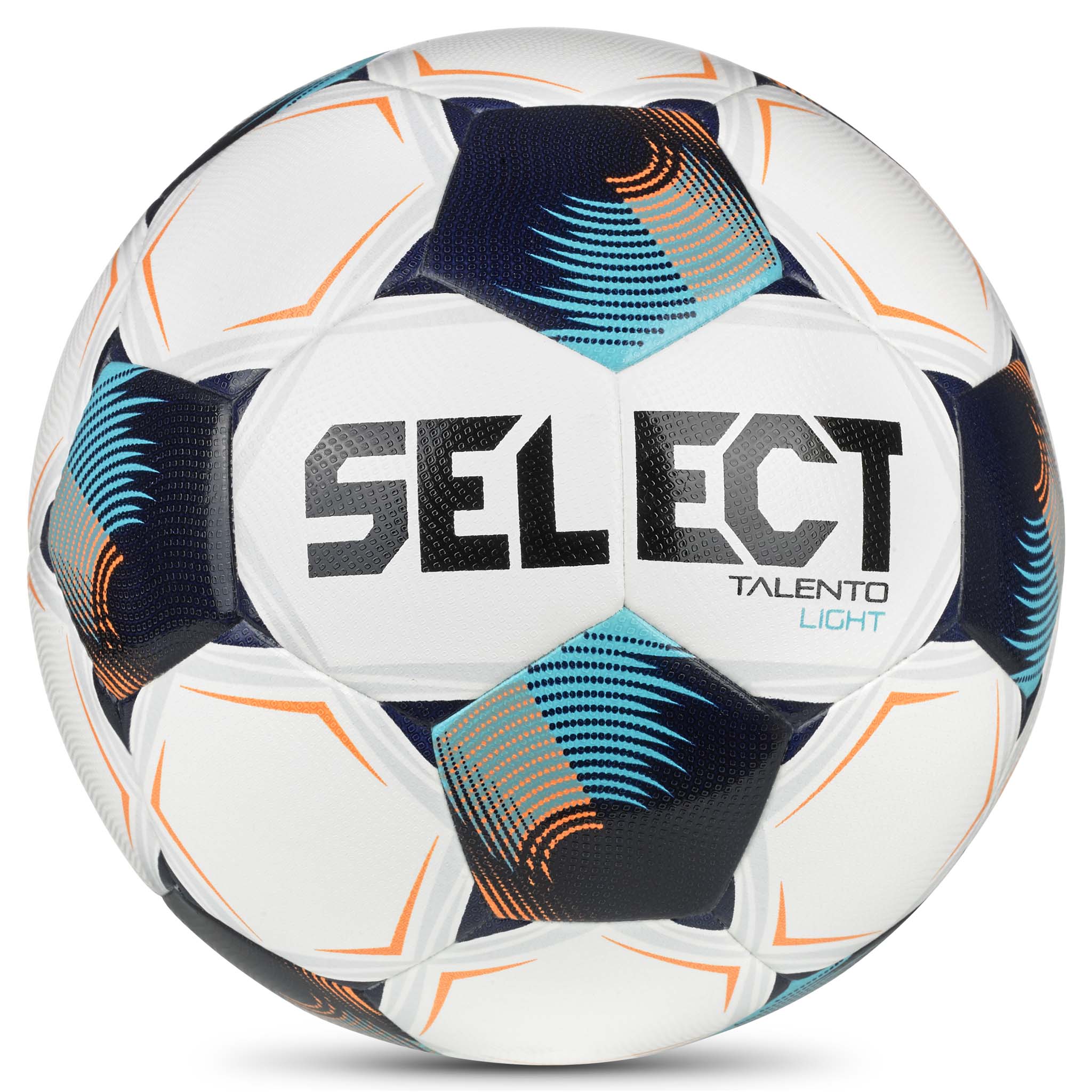 Talento Light v26 fotball, forside, hvit med blått, marineblått og oransje design.