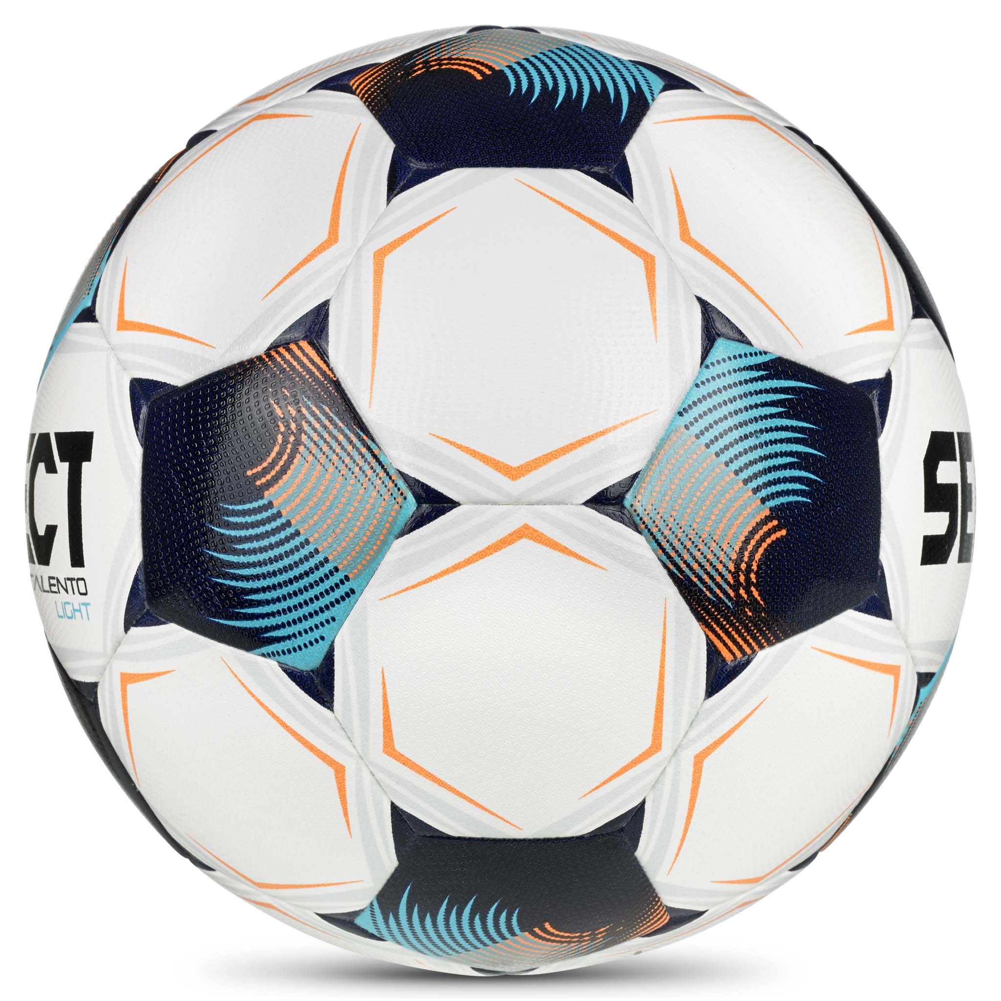 Talento Light v26 fotball, hvit med blå, marineblå og oransje detaljer, sett fra høyre side
