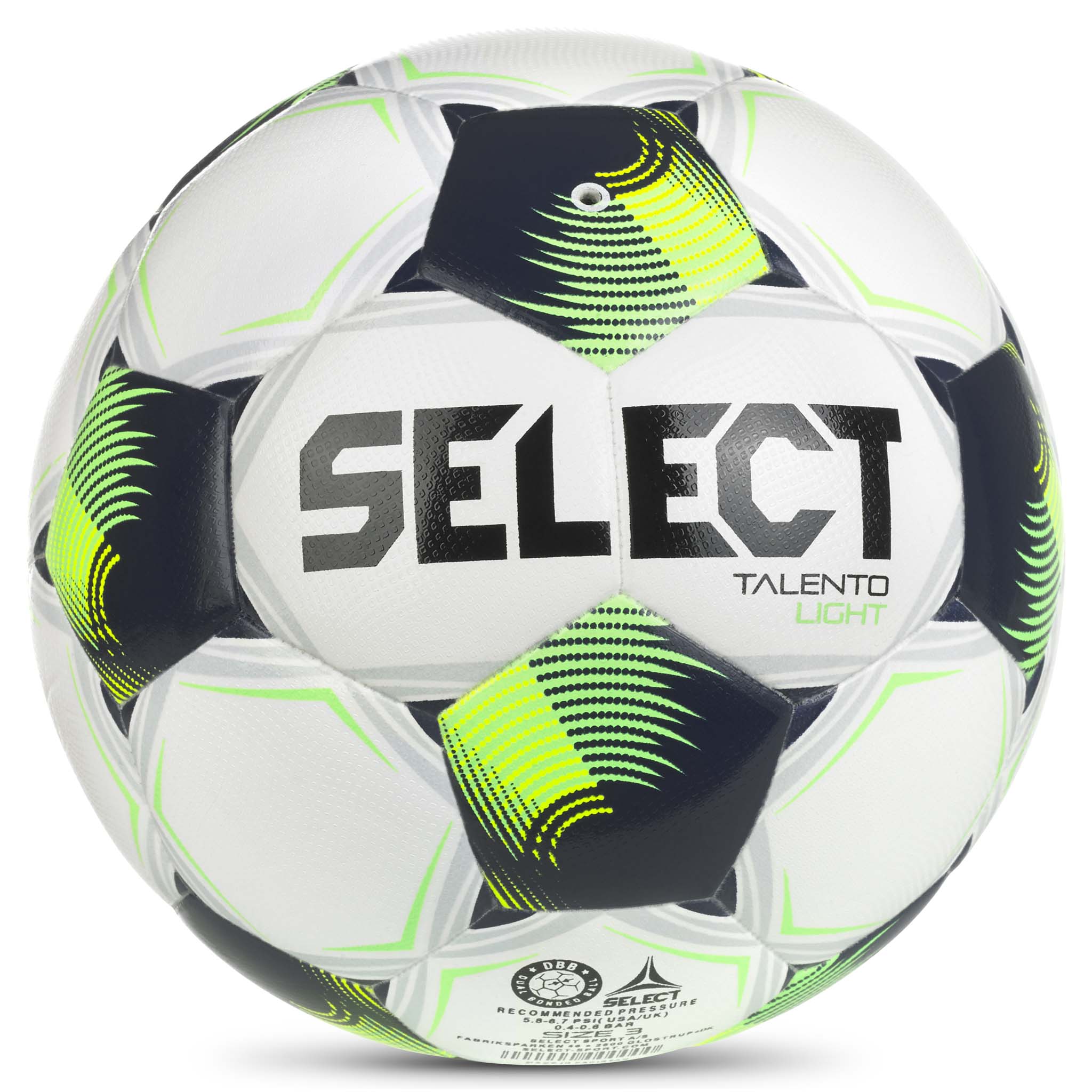 Talento Light v26 fotball, bakside, hvit med grønt, marineblått og gult design.