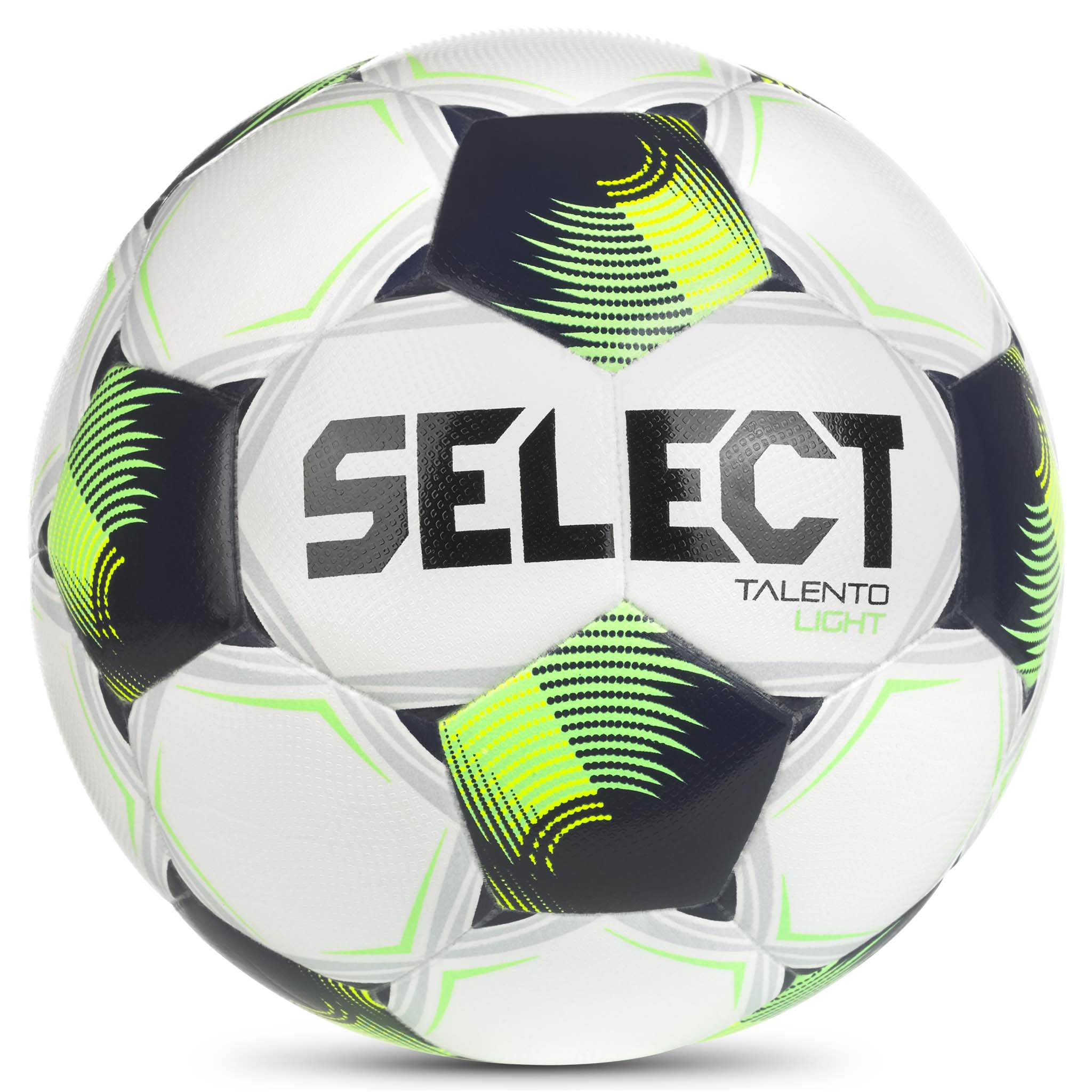 Talento Light v26 fotball, forside, hvit med grønne, marineblå og gule paneler, Select-logo.
