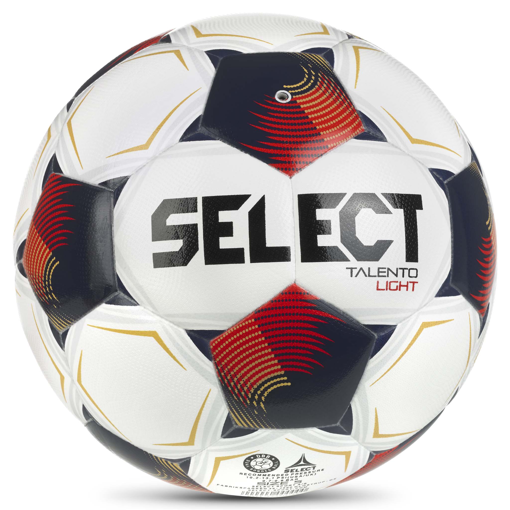 Talento Light v26 fotball, bakside. Hvit ball med marineblå, røde og gylne paneler.