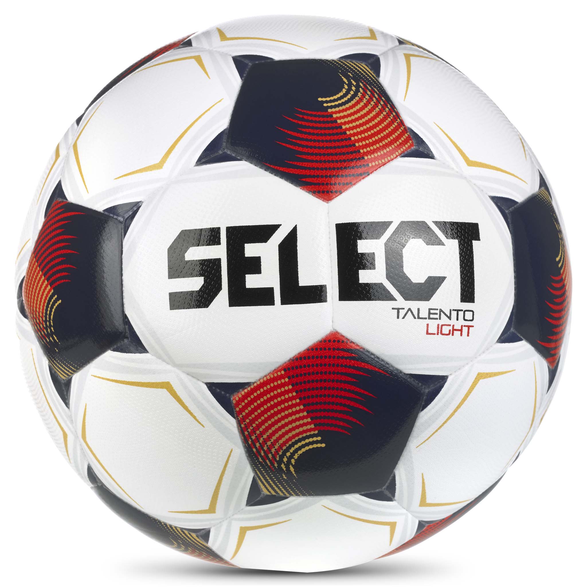 Forside av Talento Light v26 fotball i hvitt, rødt og marineblått med oransje detaljer.