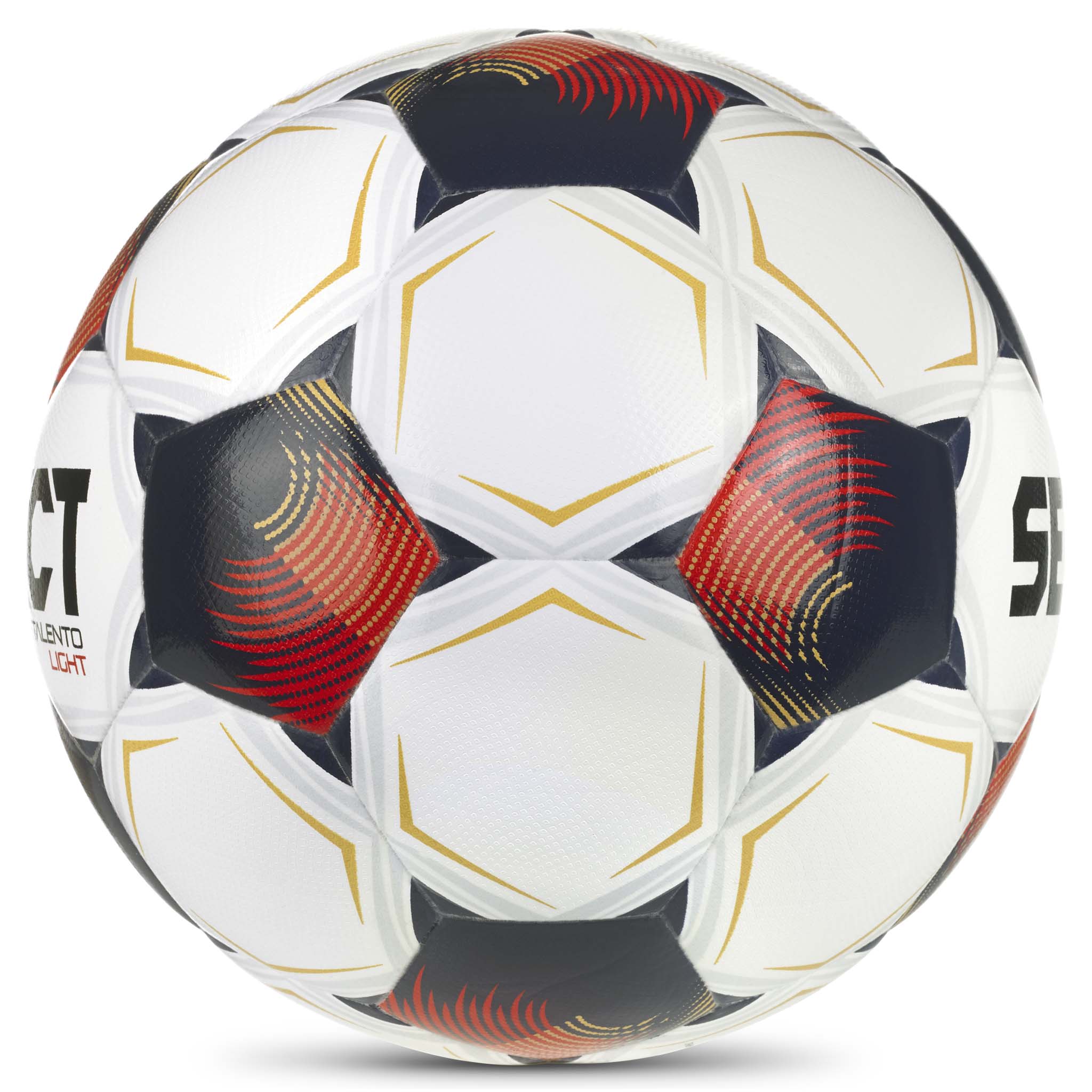 Talento Light v26 fotball, hvit med marineblå, røde og gylne detaljer, sett fra høyre side.