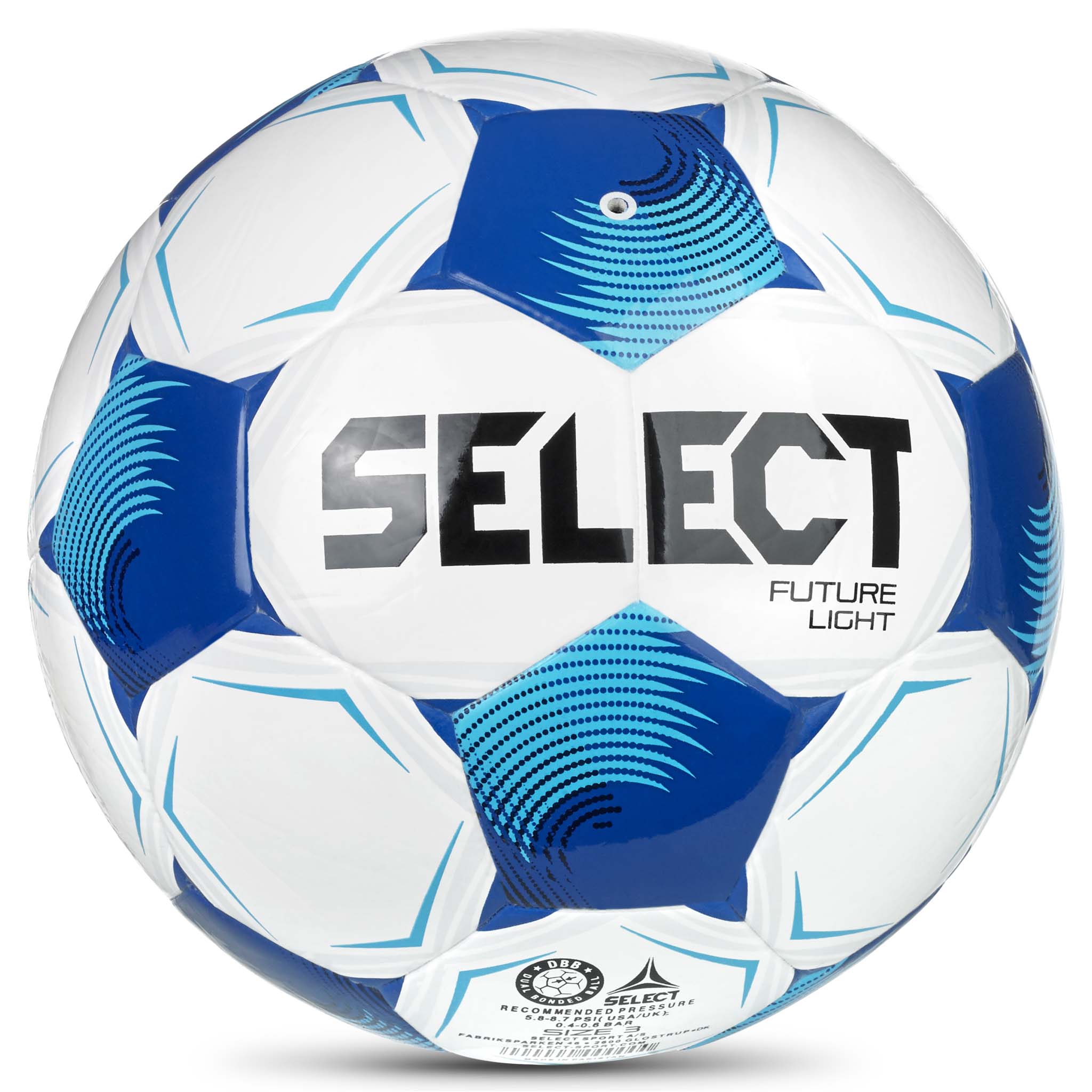 Bakside av hvit og blå Future Light v26 fotball med stjernedesign og Select-logo.