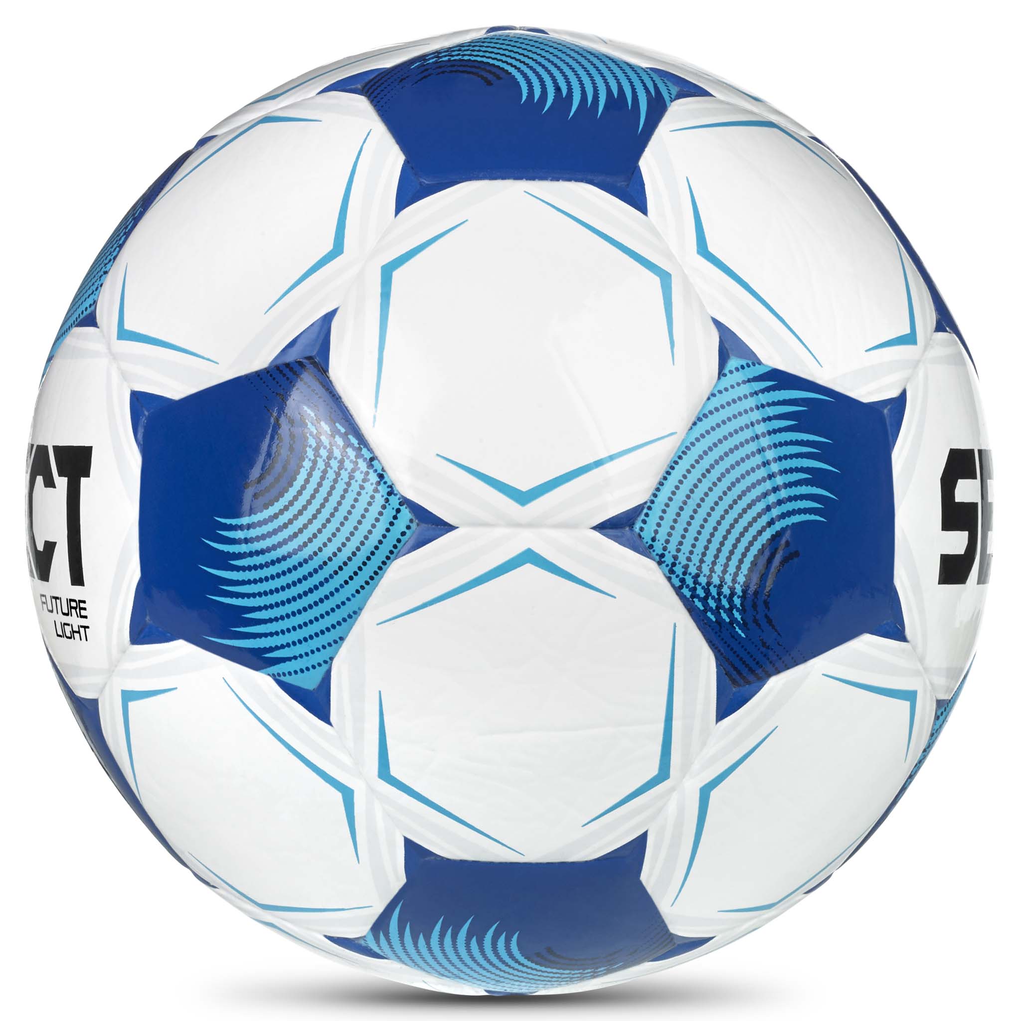 Future Light v26 fotball i hvit med blå og lyseblå felter, sett fra høyre side
