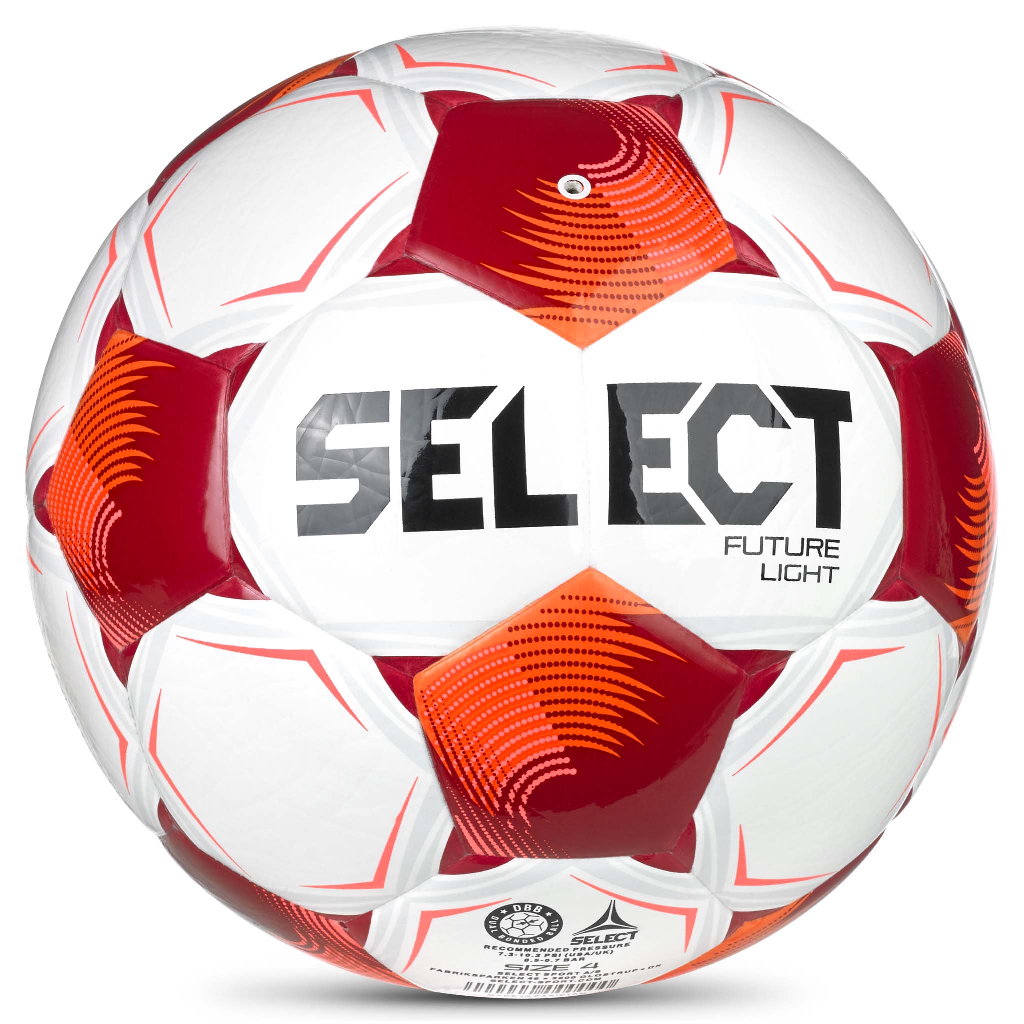 Future Light v26 fotball, bakside. Hvit ball med rødt og oransje stjernemønster og Select-logo.