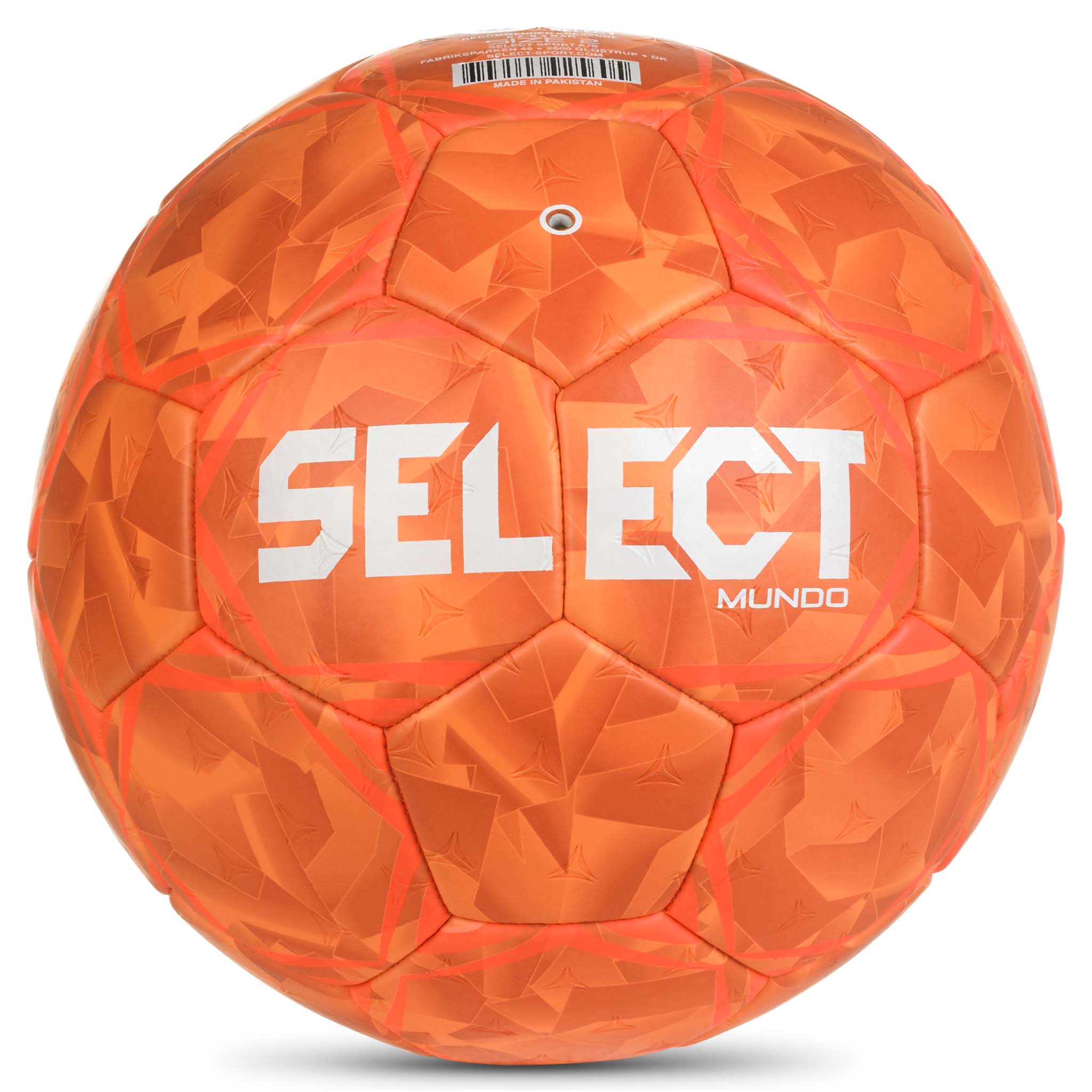 Bakside av oransje Mundo v26 håndball med hvit Select-logo og strukturert mønster.