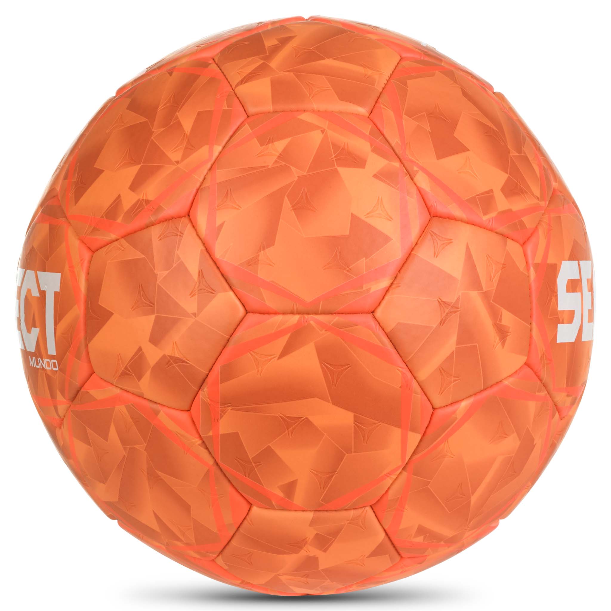 Oransje Mundo v26 håndball med geometrisk mønster, sett fra høyre side.