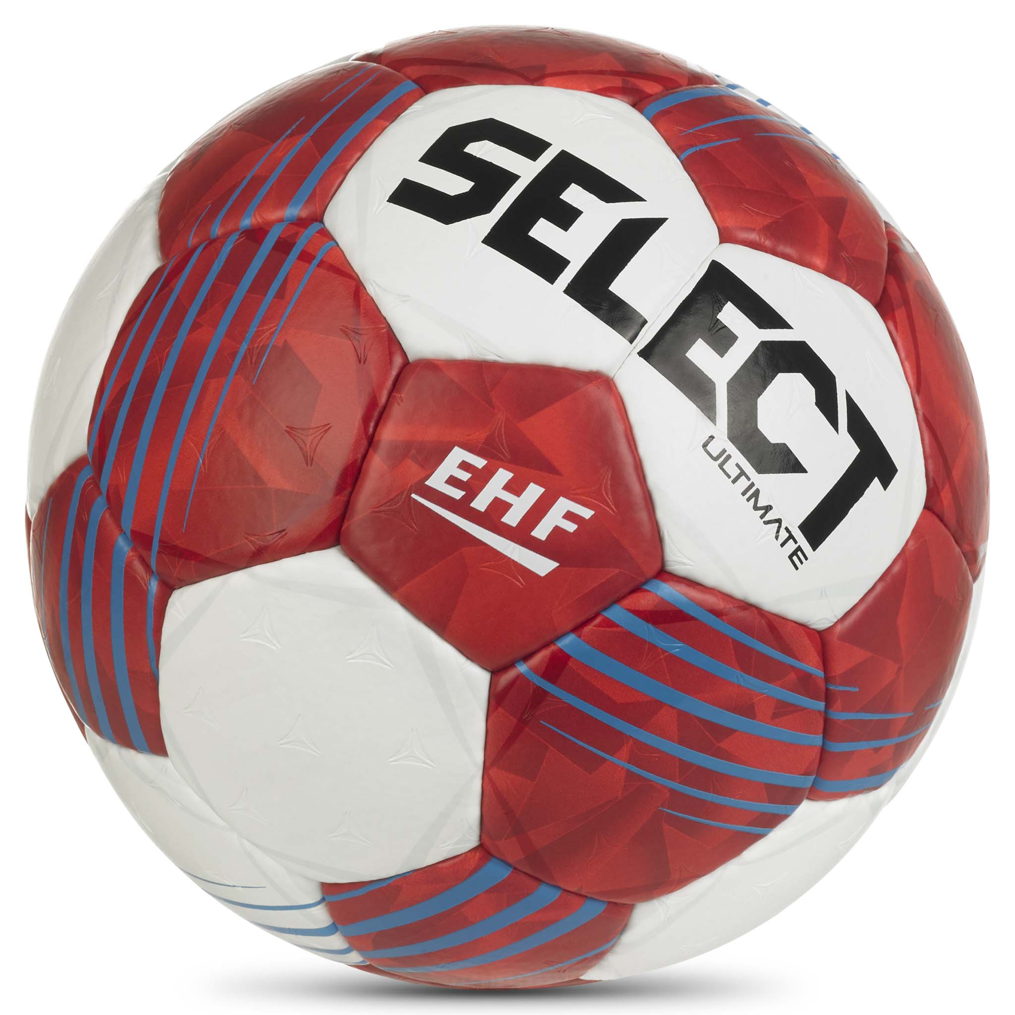Rød og hvit Ultimate v26 håndball med blå detaljer, EHF-merking, nærbilde forfra.