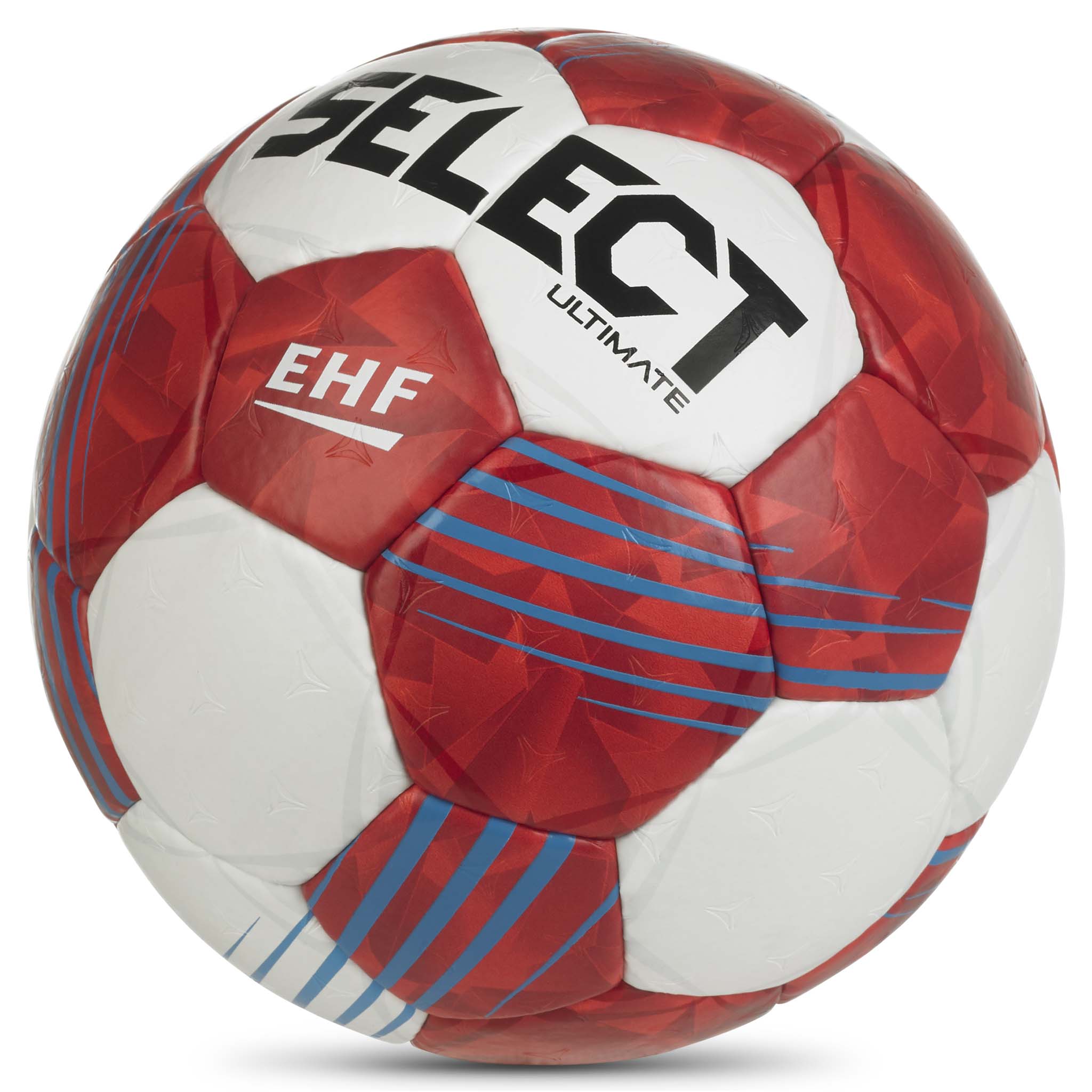 Nærbilde av rød og hvit Ultimate v26 håndball med blå detaljer og EHF-logo