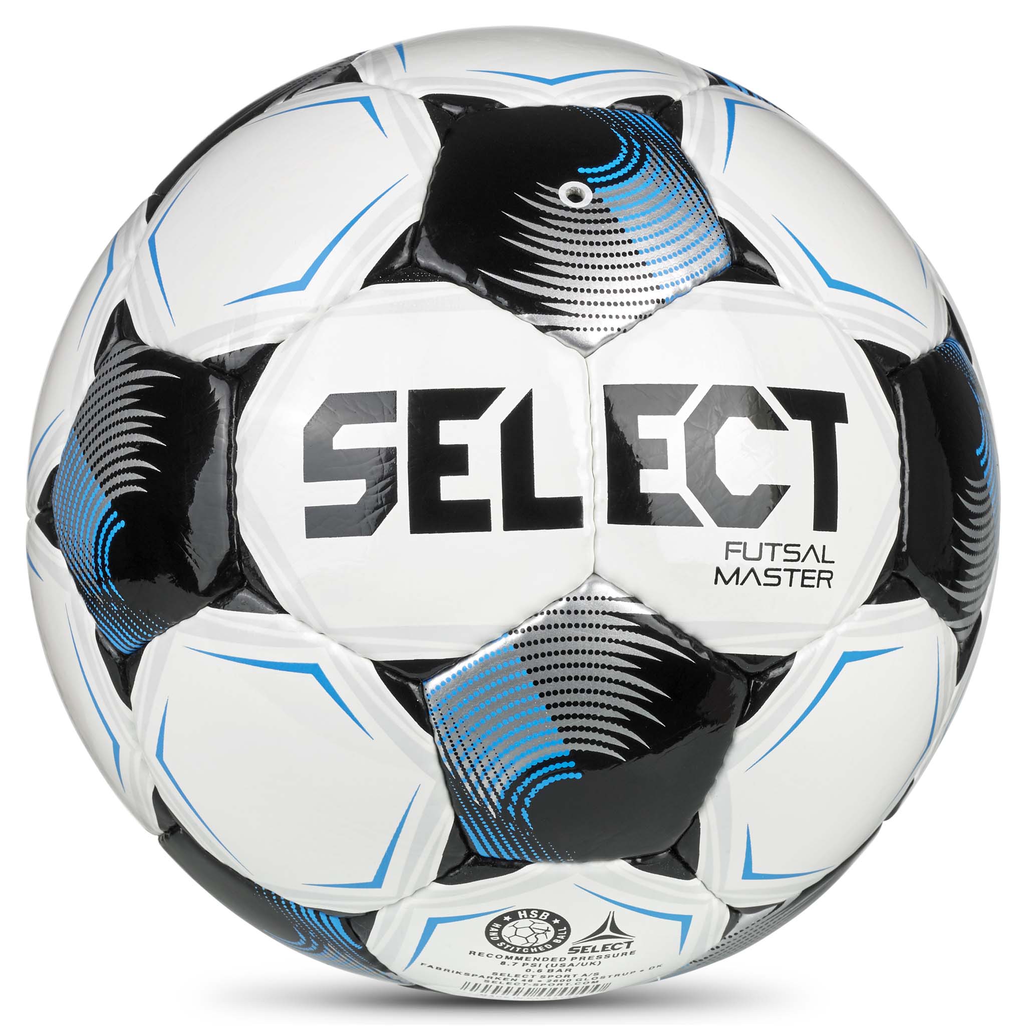 Hvit, blå og svart Futsal Master v26 futsalball, sett bakfra.