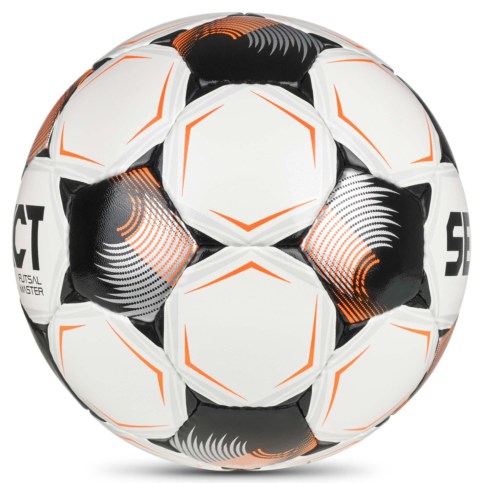 Hvit, oransje og sort Futsal Master v26 futsalball, sett fra høyre side.