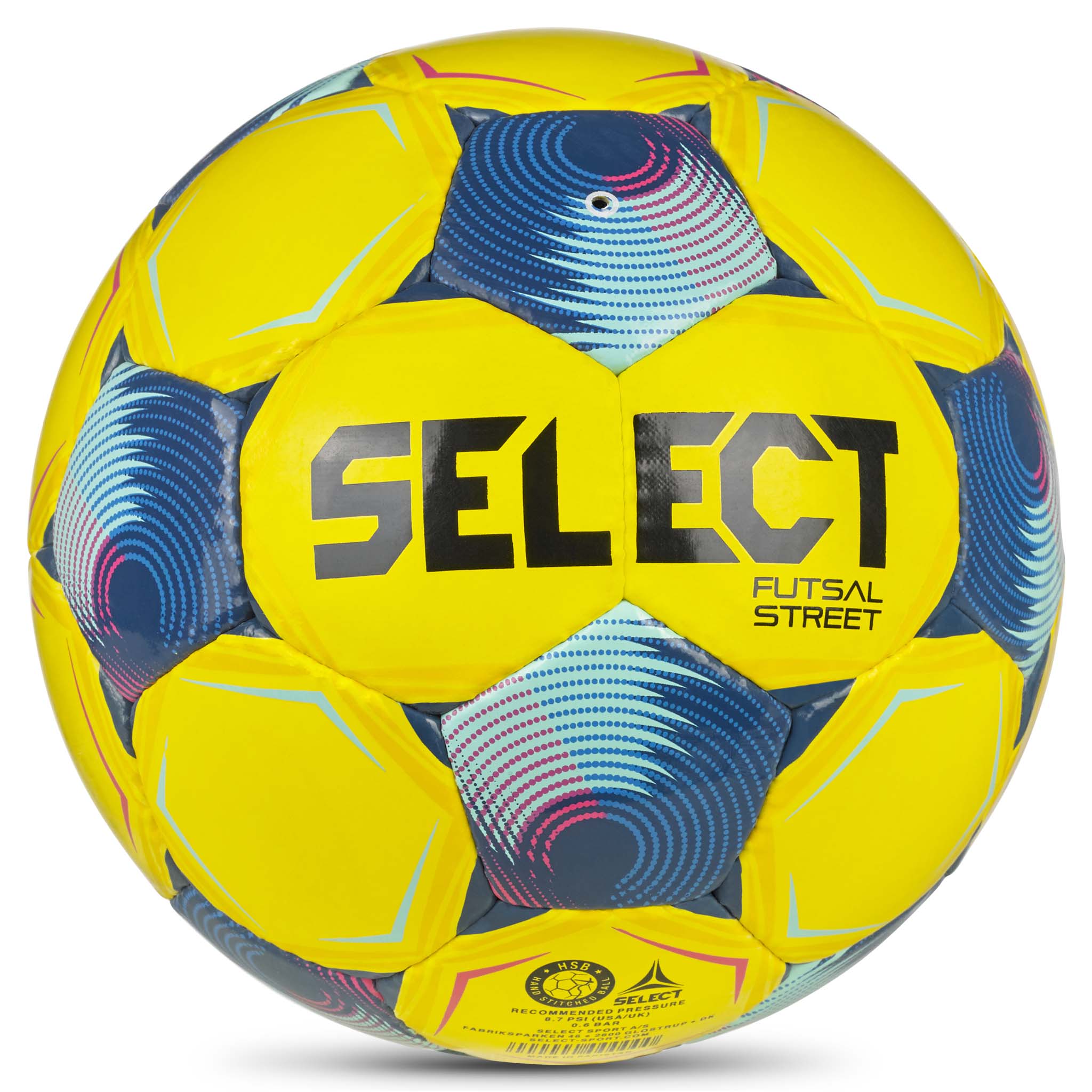 Futsal Street v26 fotball, bakside. Gul ball med blå og turkise detaljer.
