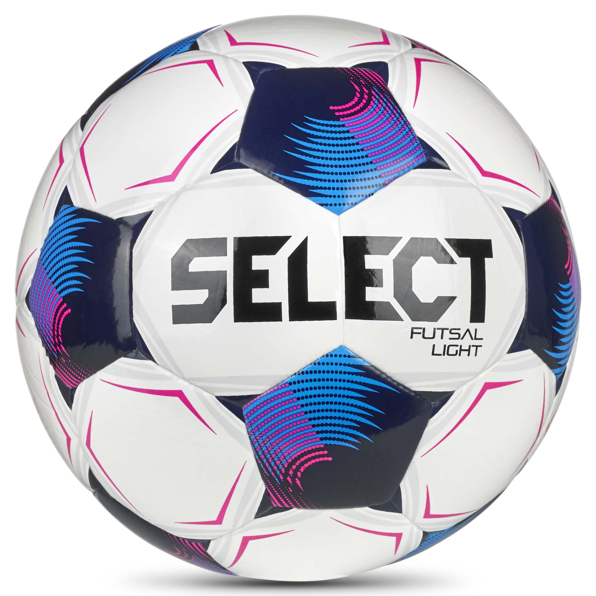 Forside av Futsal Light v26 fotball, hvit med blå, marineblå og rosa detaljer.