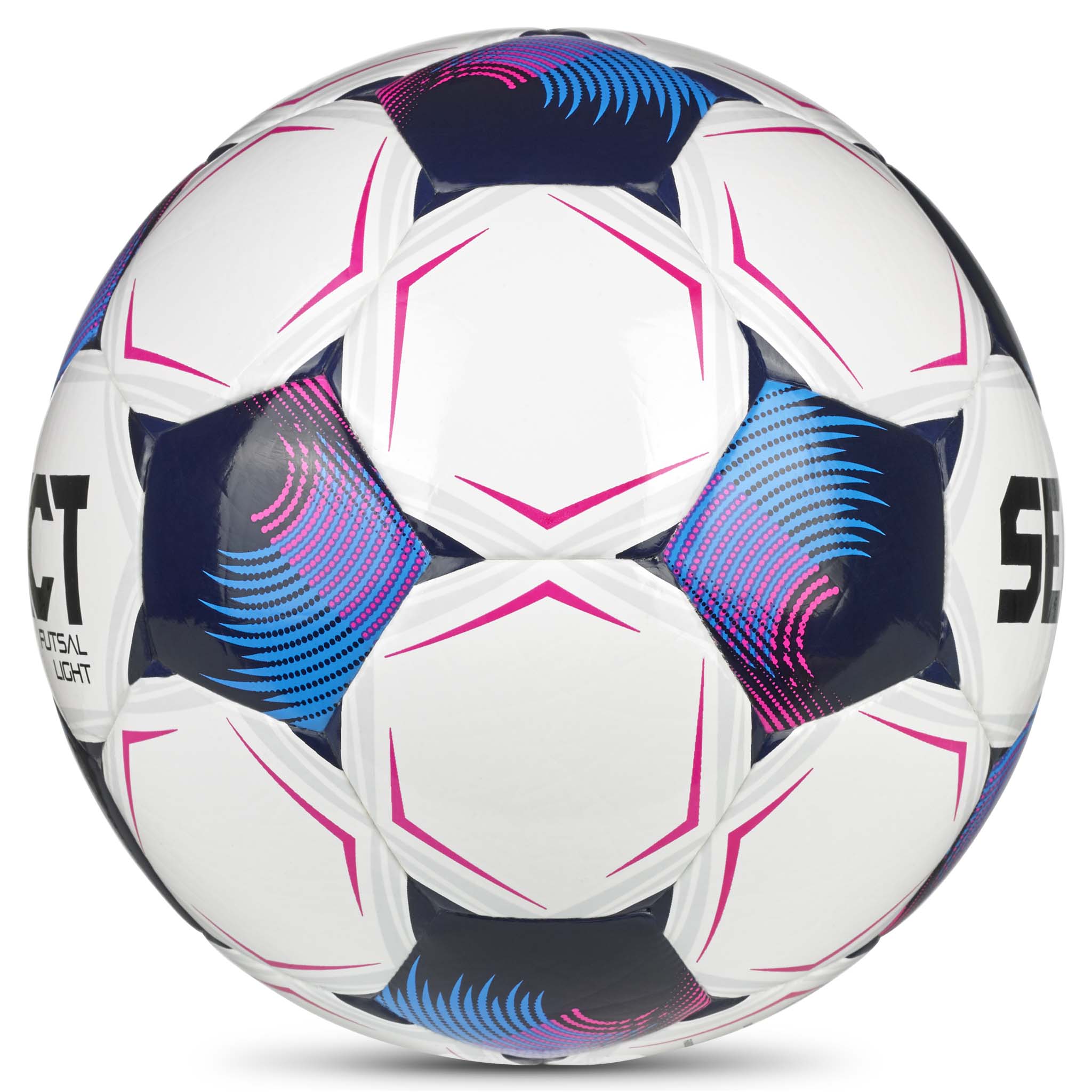 Futsal Light v26 futsalball, sett fra høyre side, i hvit med blå, marineblå og rosa detaljer.