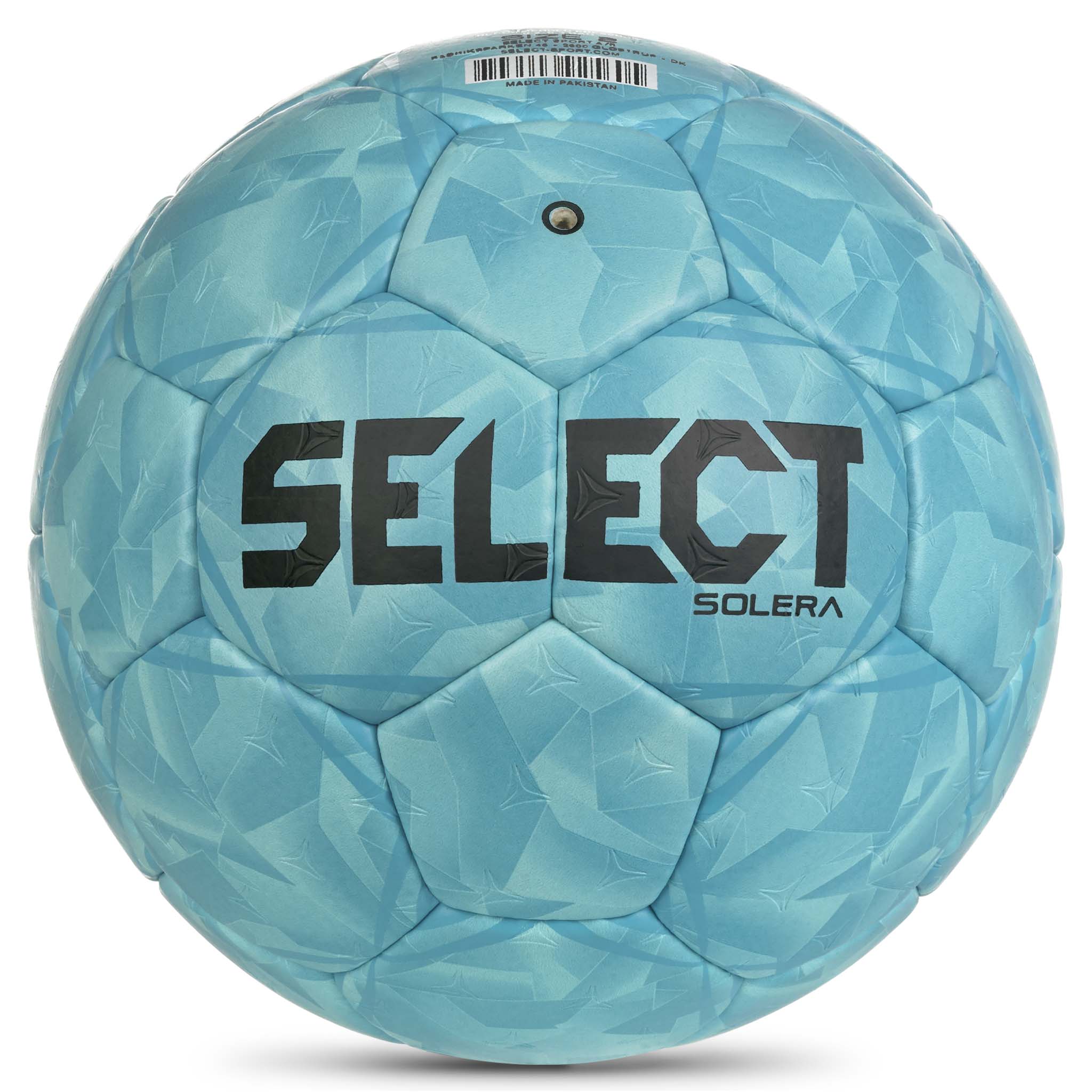 Bakside av blå Solera v26 håndball med geometrisk mønster og svart logo