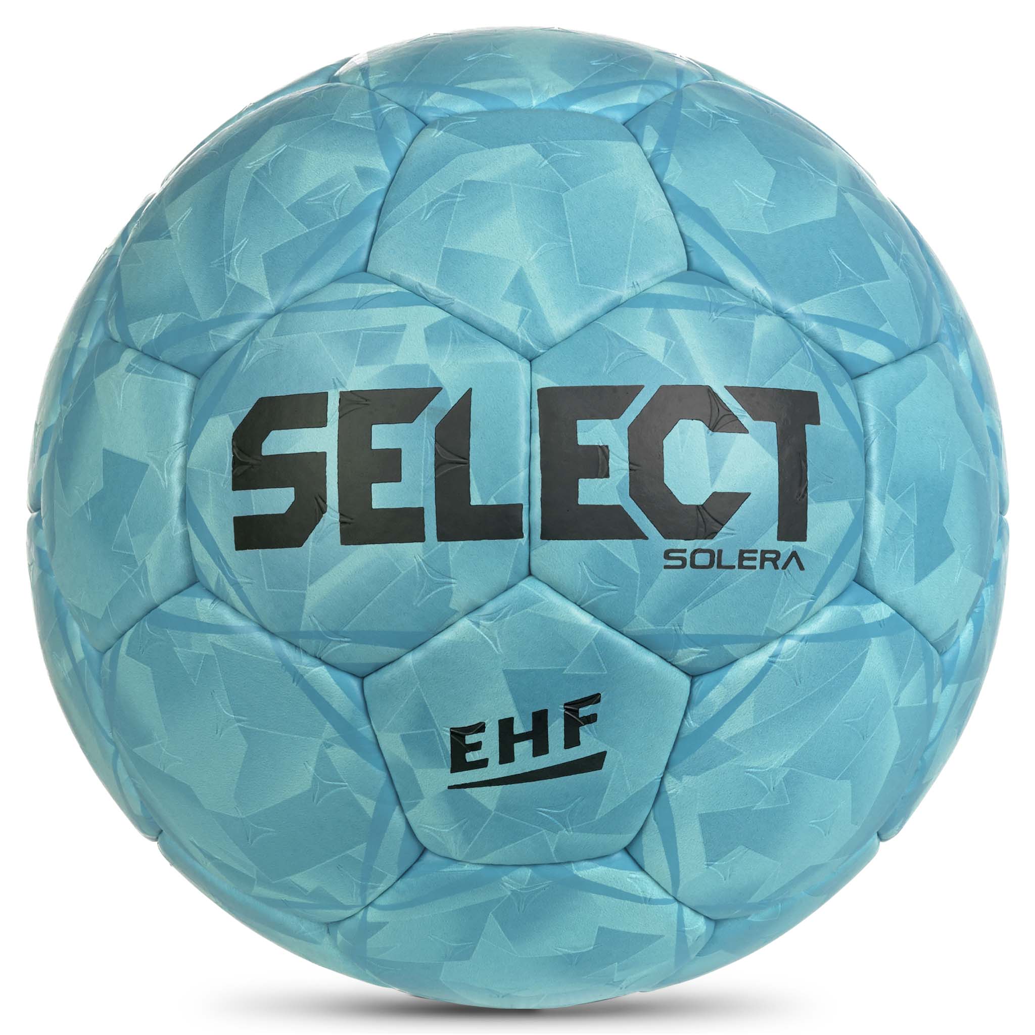 Forside av blå Solera v26 håndball med svart logo, EHF-merke og strukturert paneldesign