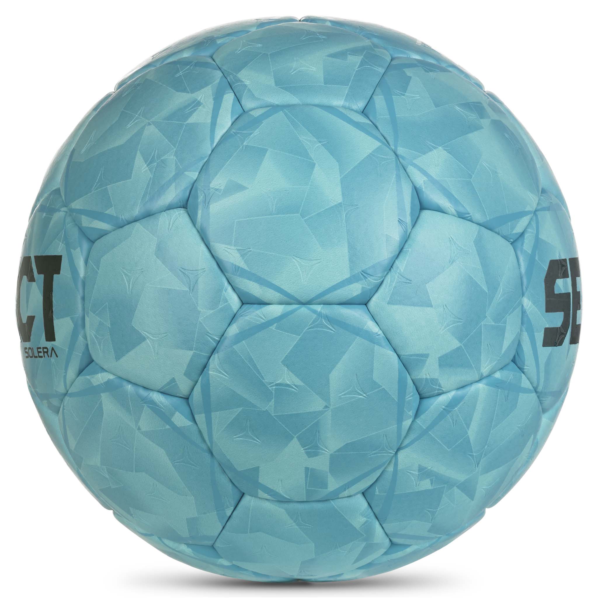 Blå Solera v26 håndball, sett fra høyre side, med strukturerte paneler og mørk logo.