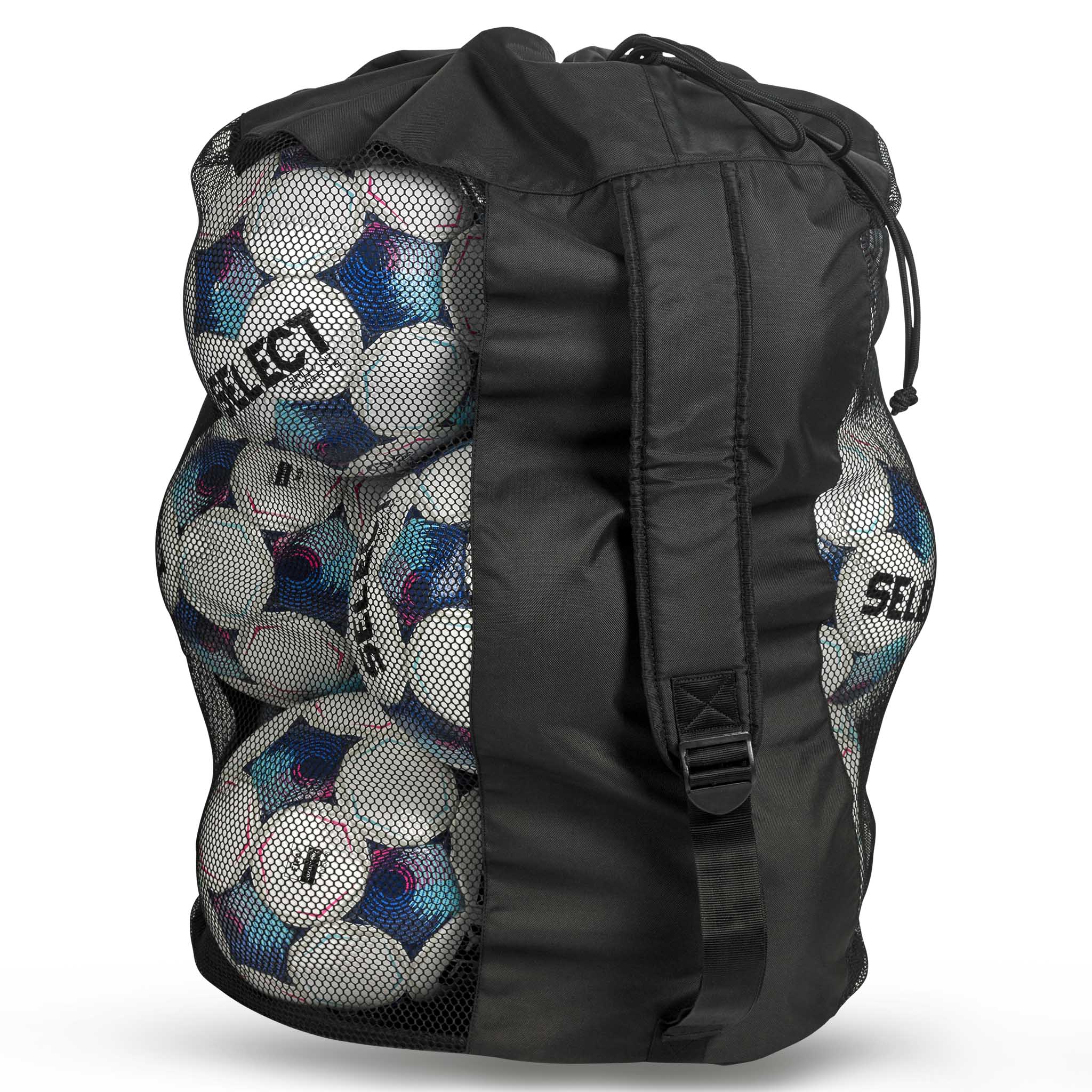 Svart Football bag Select 10-12 balls v26, sportsbag, bakside, nettside fylt med hvite og blå fotballer.
