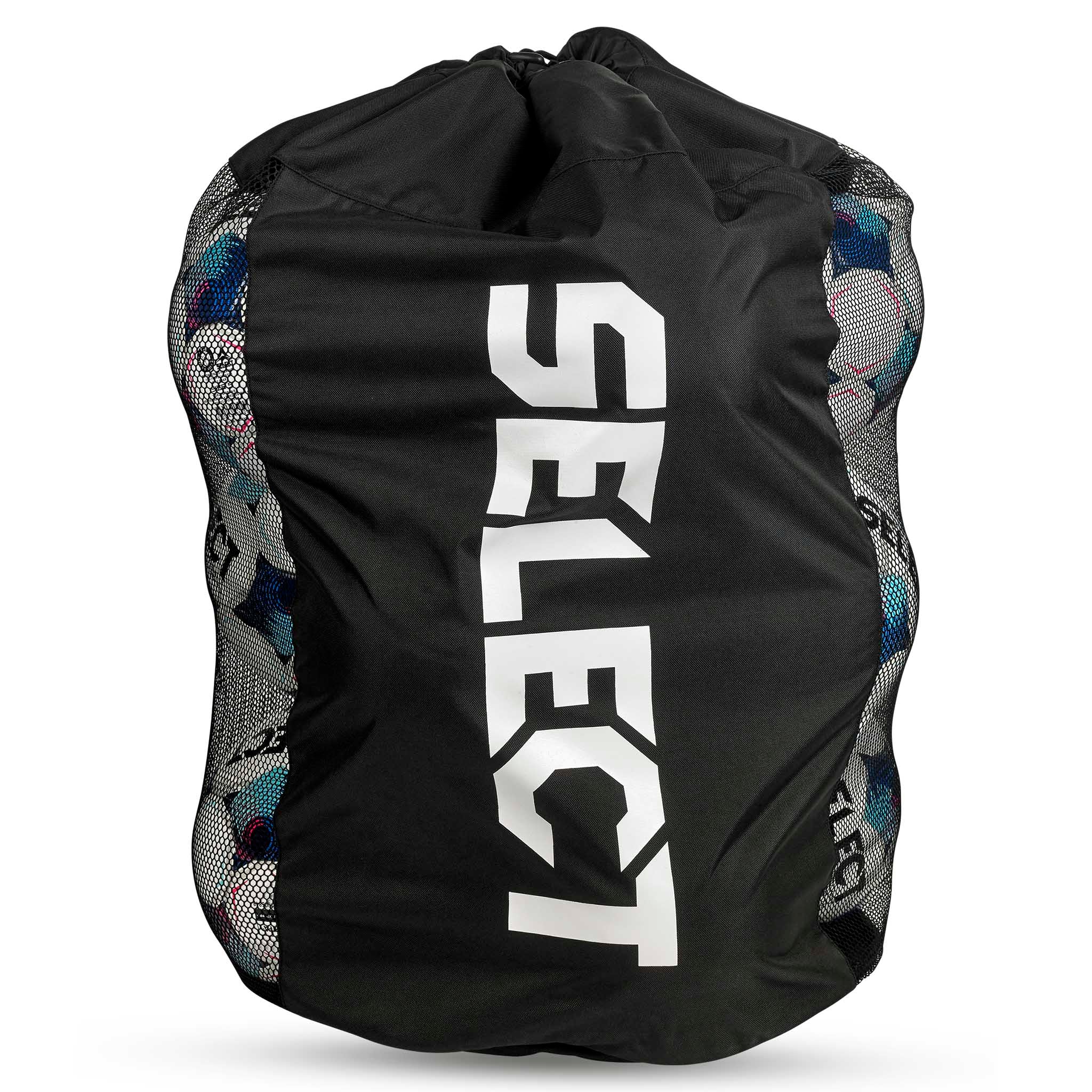 Forside av svart Football bag Select 10-12 balls v26, sportsbag med hvit logo og meshsider